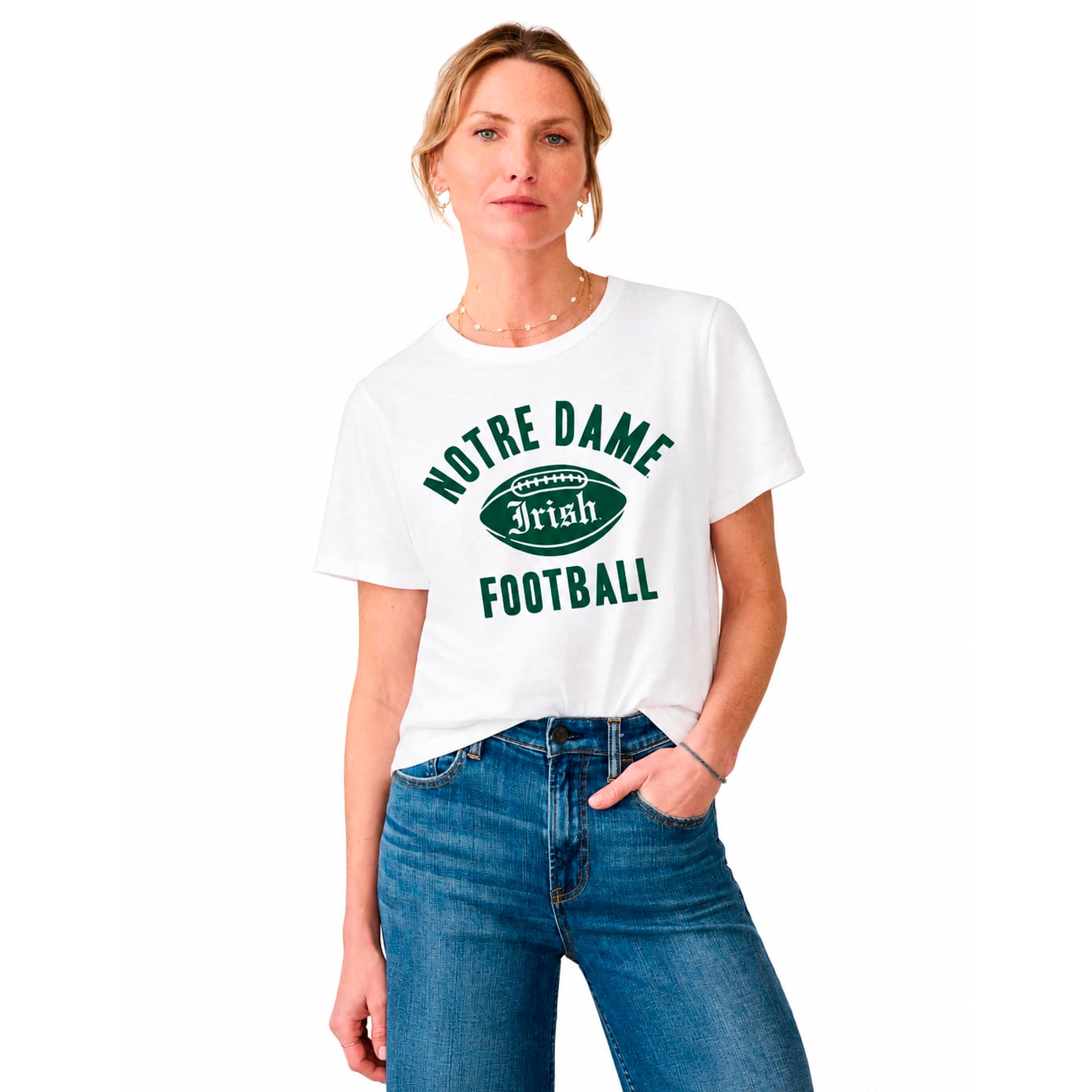 T-shirt essentiel blanc FAHERTY pour femmes, motif Notre Dame Fighting Irish, délavé au soleil