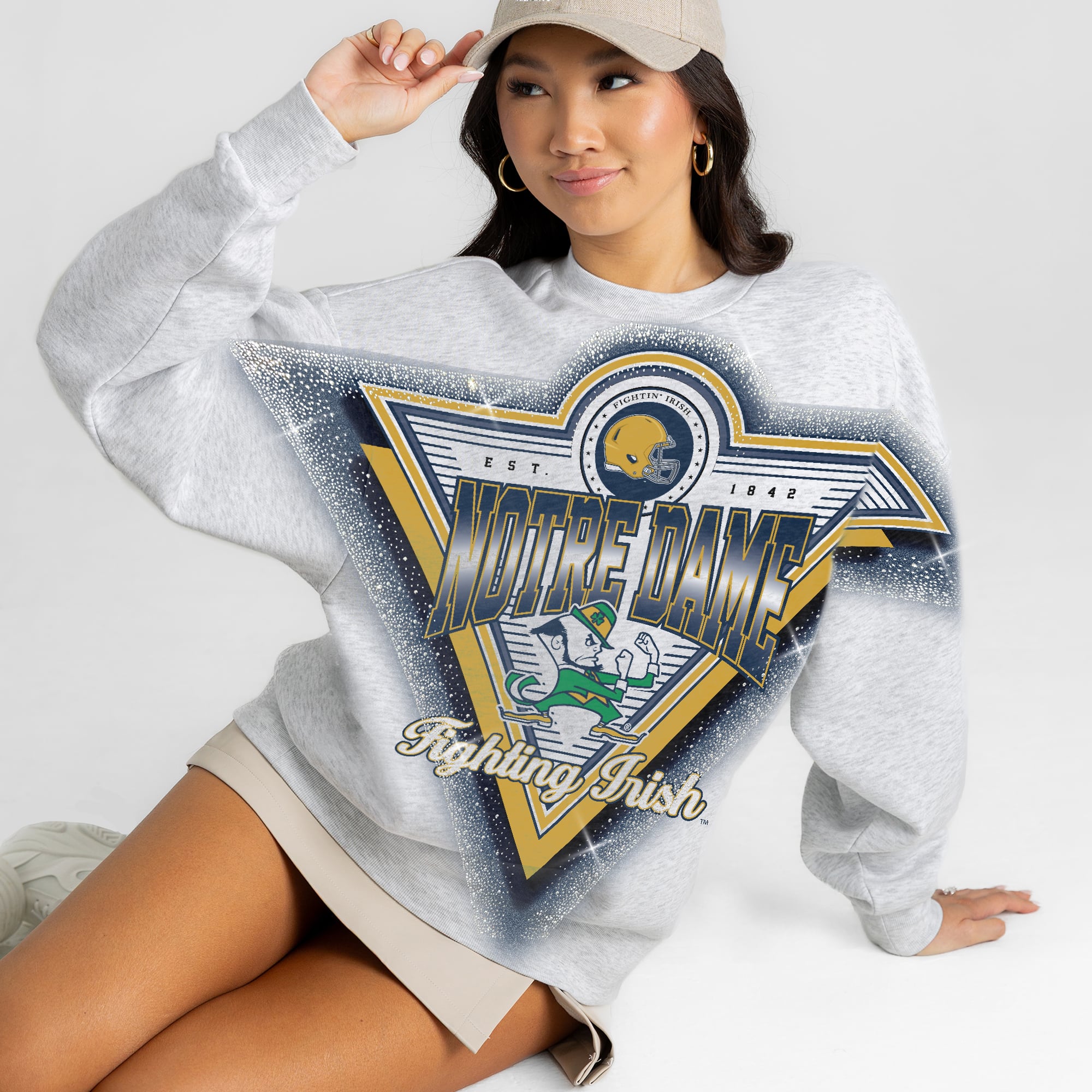 Women's Gameday Couture Gray Notre Dame Fighting Irish Chasing Victory Rhinestone Spray Oversized Fleece Sweatshirt