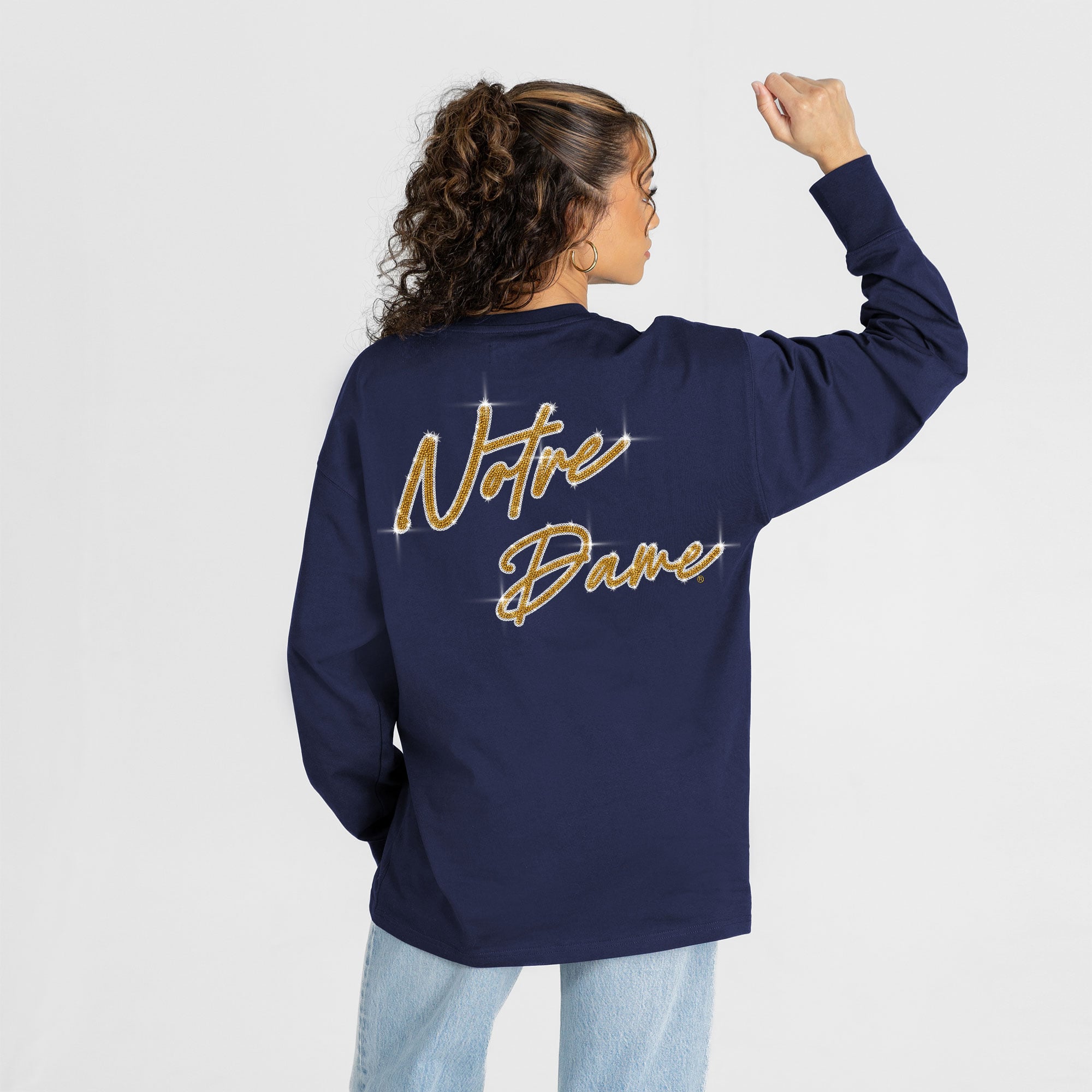 T-shirt à manches longues pour femmes, collection Gameday Couture, bleu marine, Notre Dame Fighting Irish, orné de strass « Light It Up »