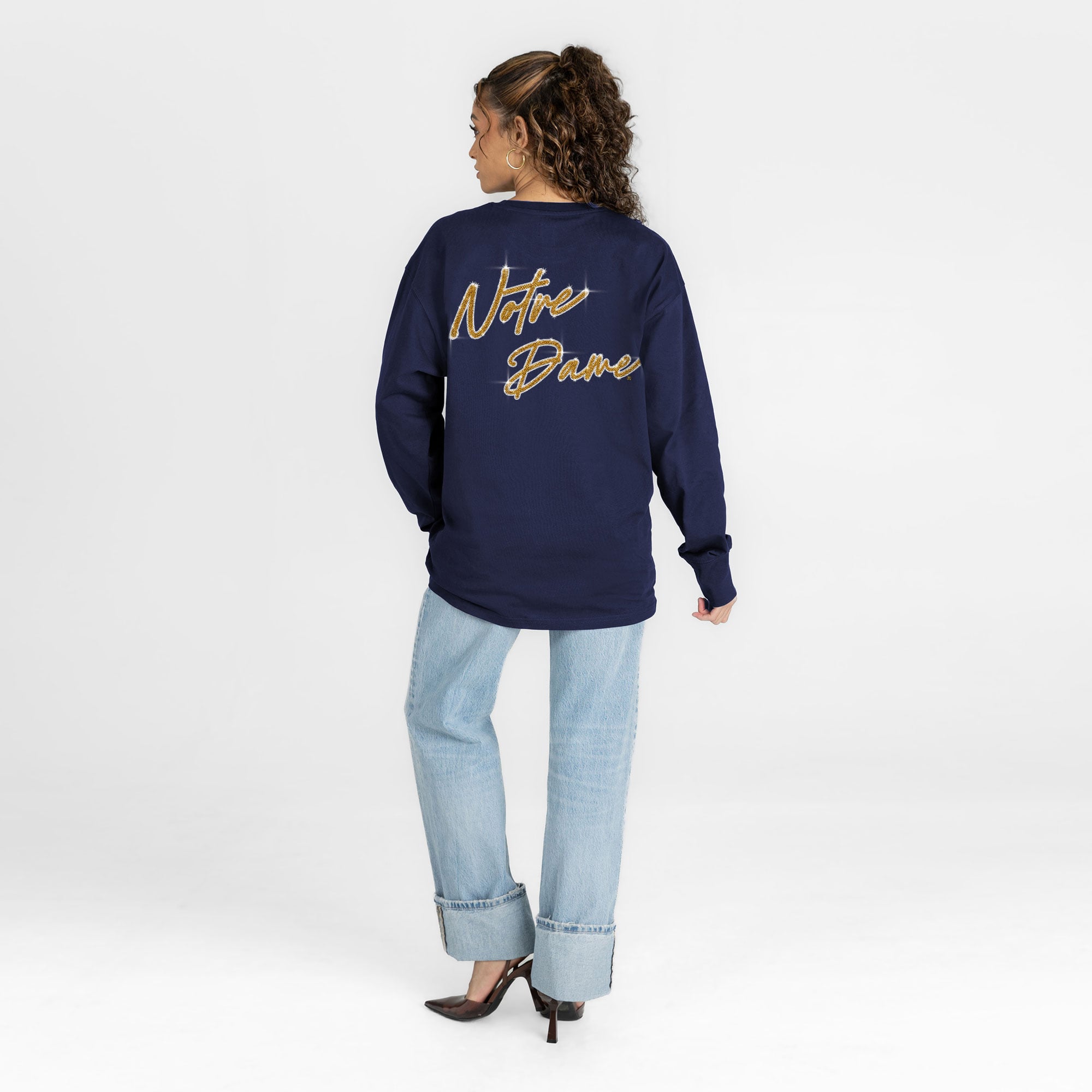 T-shirt à manches longues pour femmes, collection Gameday Couture, bleu marine, Notre Dame Fighting Irish, orné de strass « Light It Up »