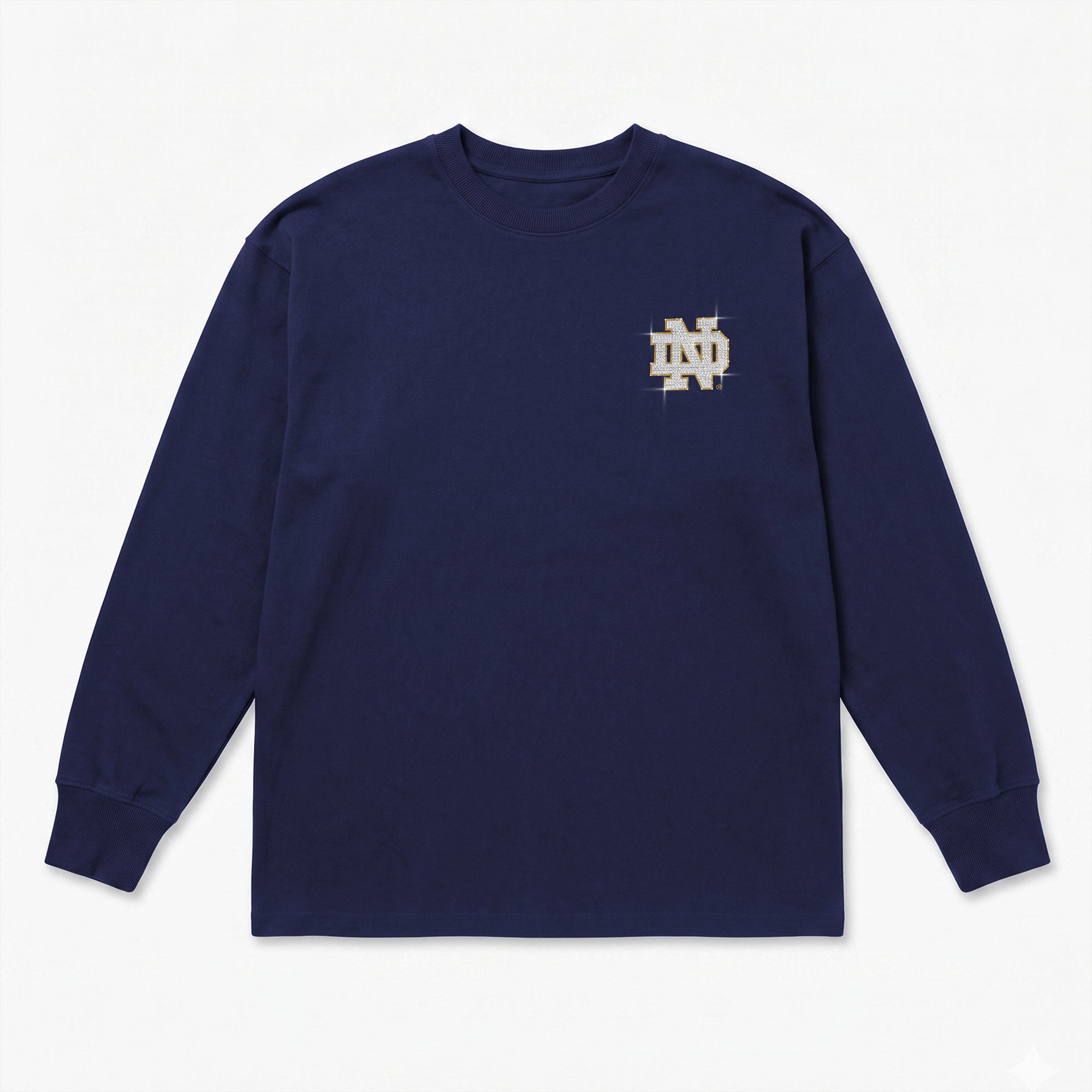 T-shirt à manches longues pour femmes, collection Gameday Couture, bleu marine, Notre Dame Fighting Irish, orné de strass « Light It Up »