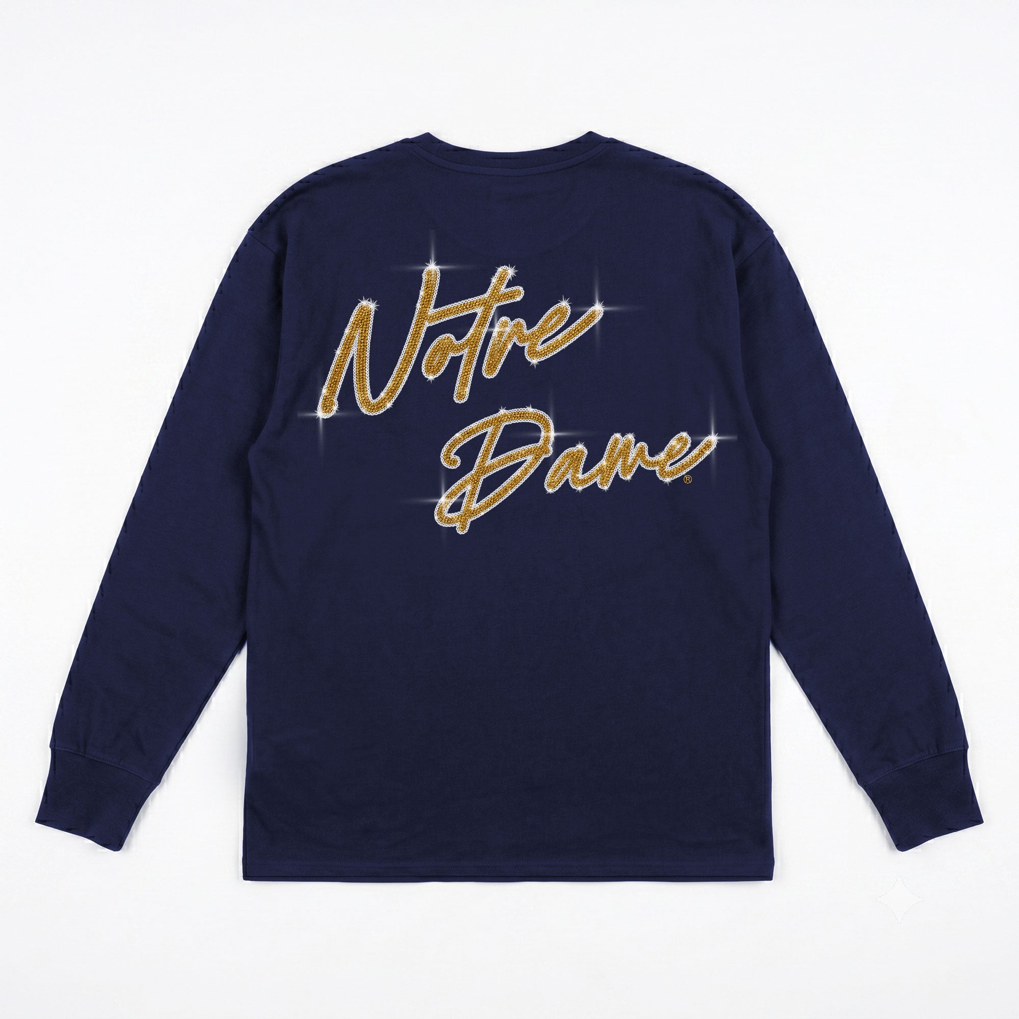T-shirt à manches longues pour femmes, collection Gameday Couture, bleu marine, Notre Dame Fighting Irish, orné de strass « Light It Up »