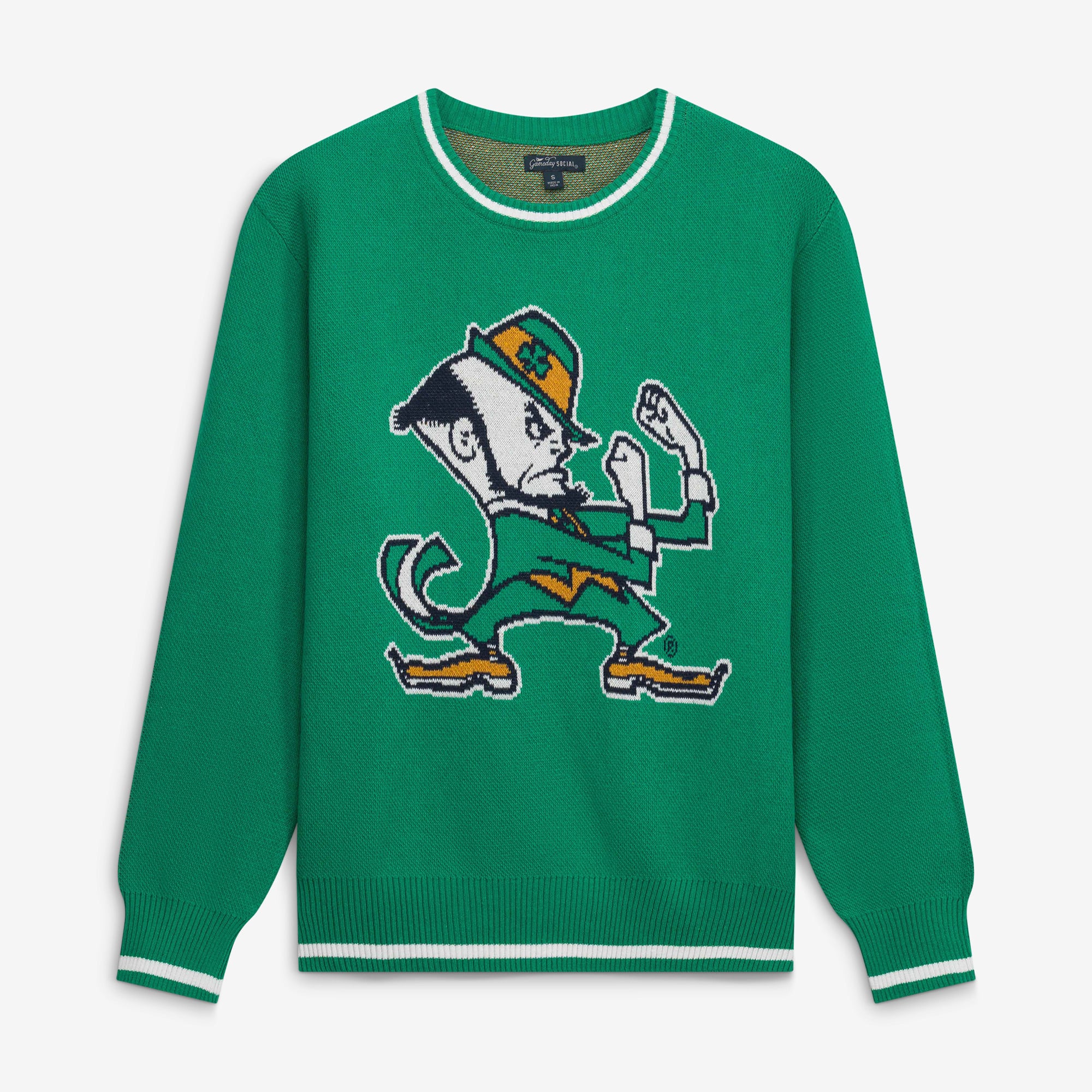 Pull-over vert pour femmes « No Dame Fighting Irish » avec mascotte en intarsia, idéal les jours de match.