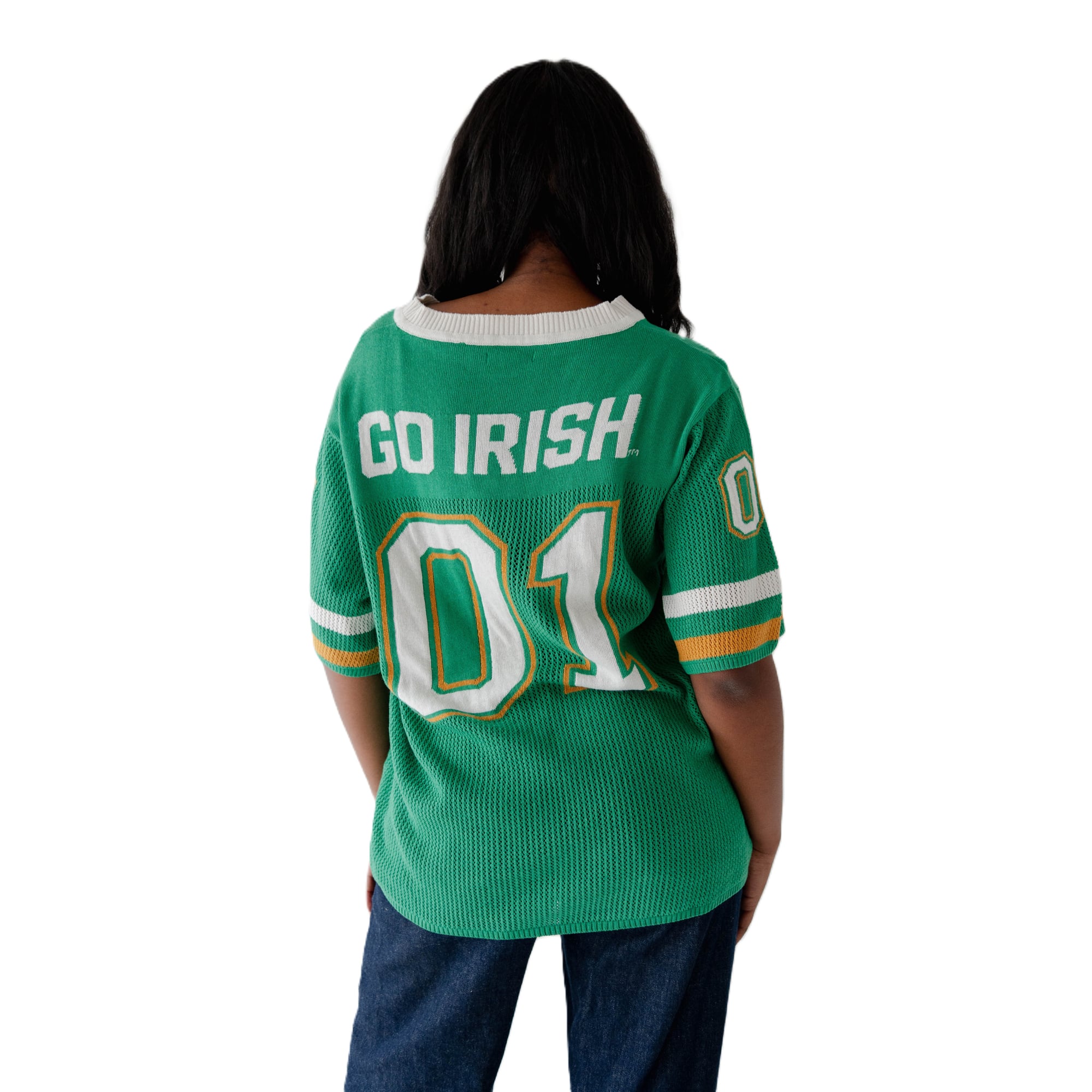 Pull de football américain en maille vert Notre Dame Fighting Irish pour femme, idéal les jours match.