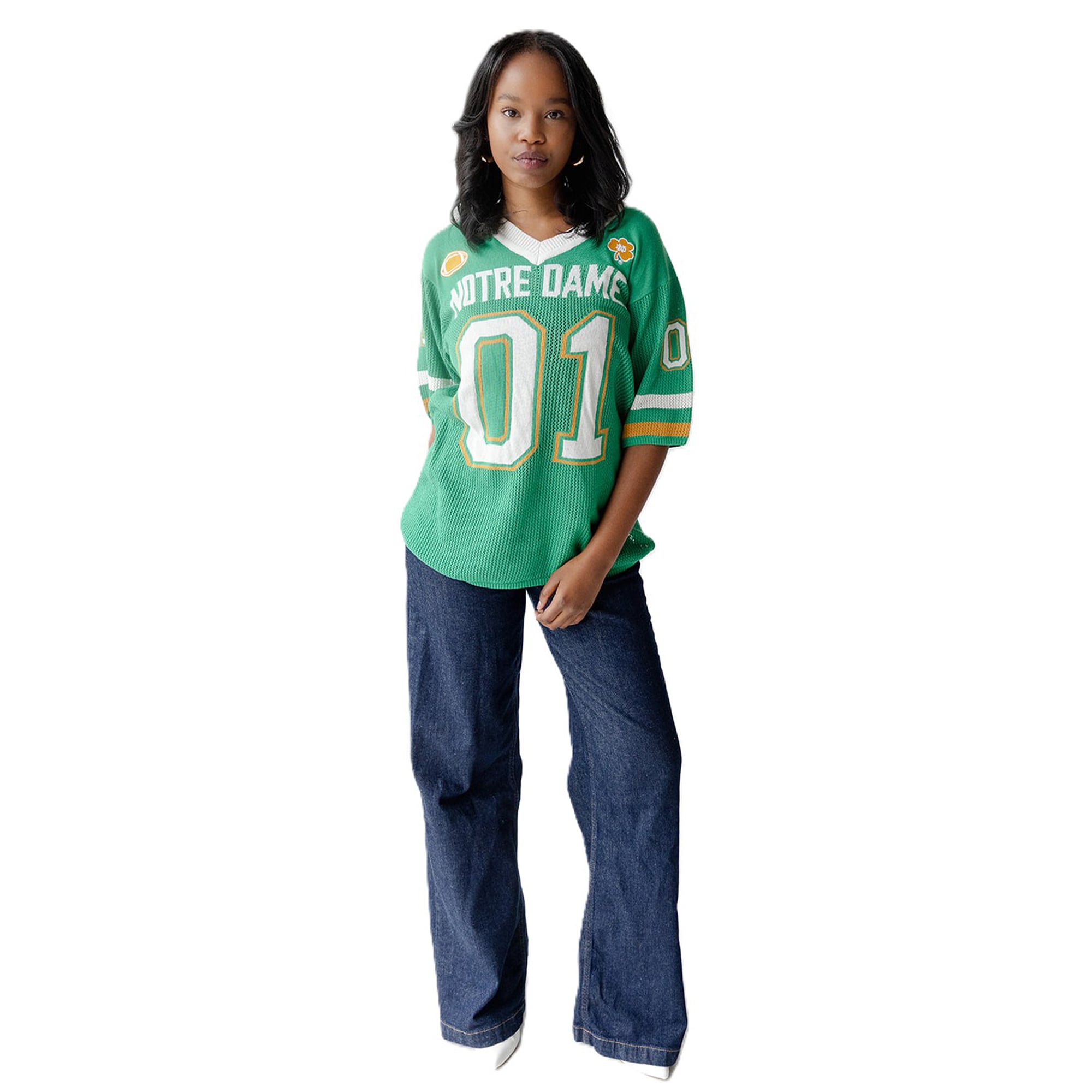 Pull de football américain en maille vert Notre Dame Fighting Irish pour femme, idéal les jours match.