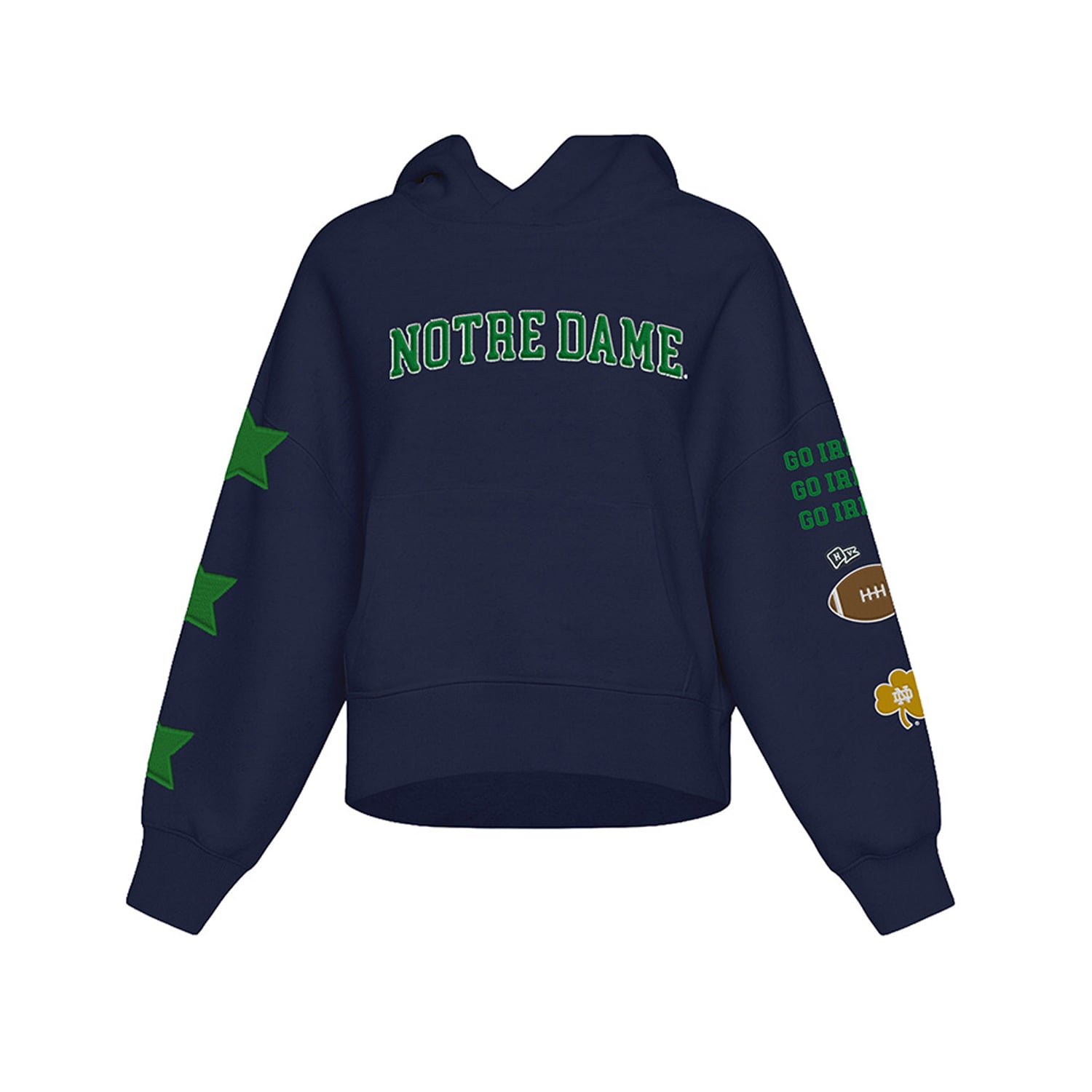 Sweat à capuche court Hype and Vice pour femme, bleu marine, aux couleurs des Fighting Irish de Notre Dame.