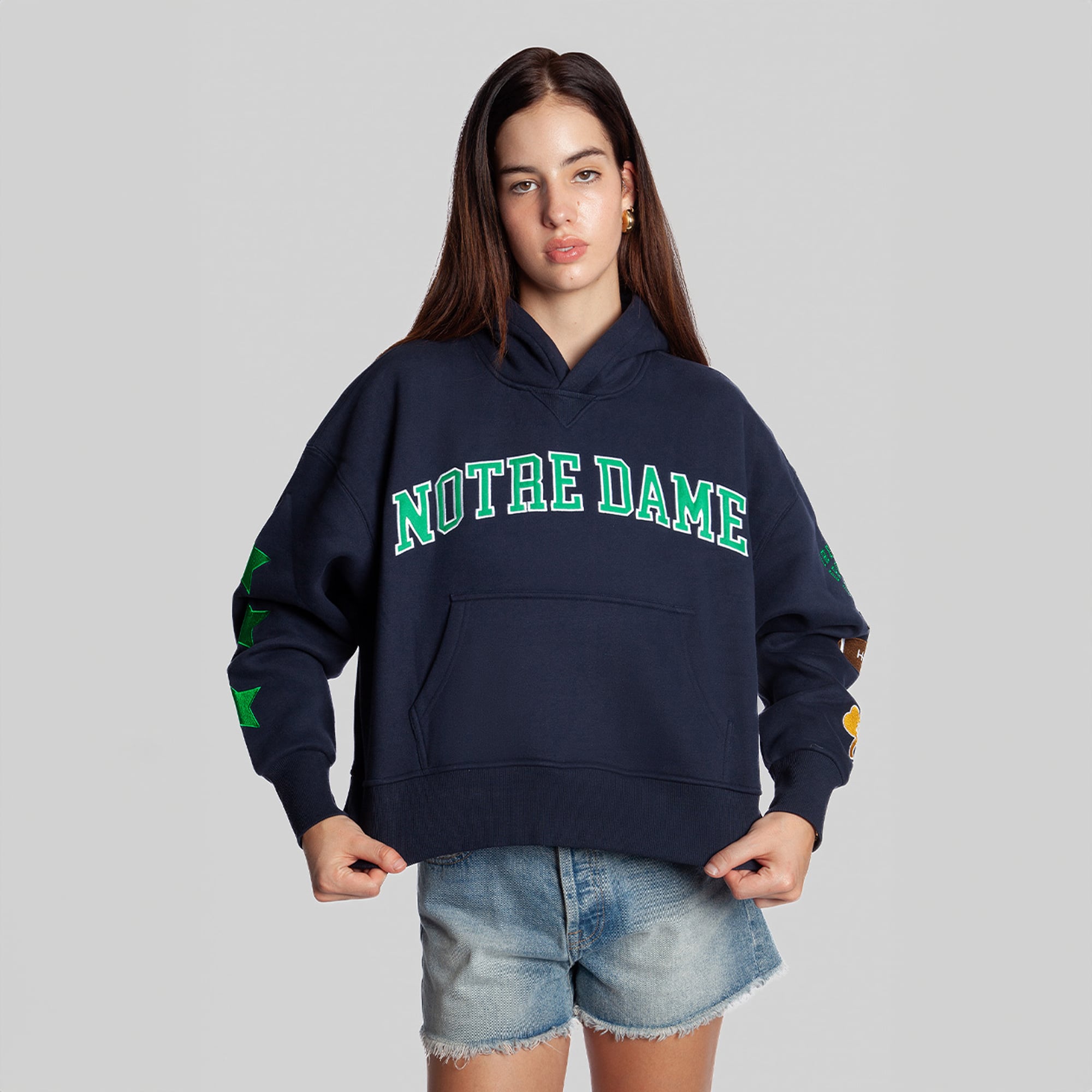 Sweat à capuche court Hype and Vice pour femme, bleu marine, aux couleurs des Fighting Irish de Notre Dame.