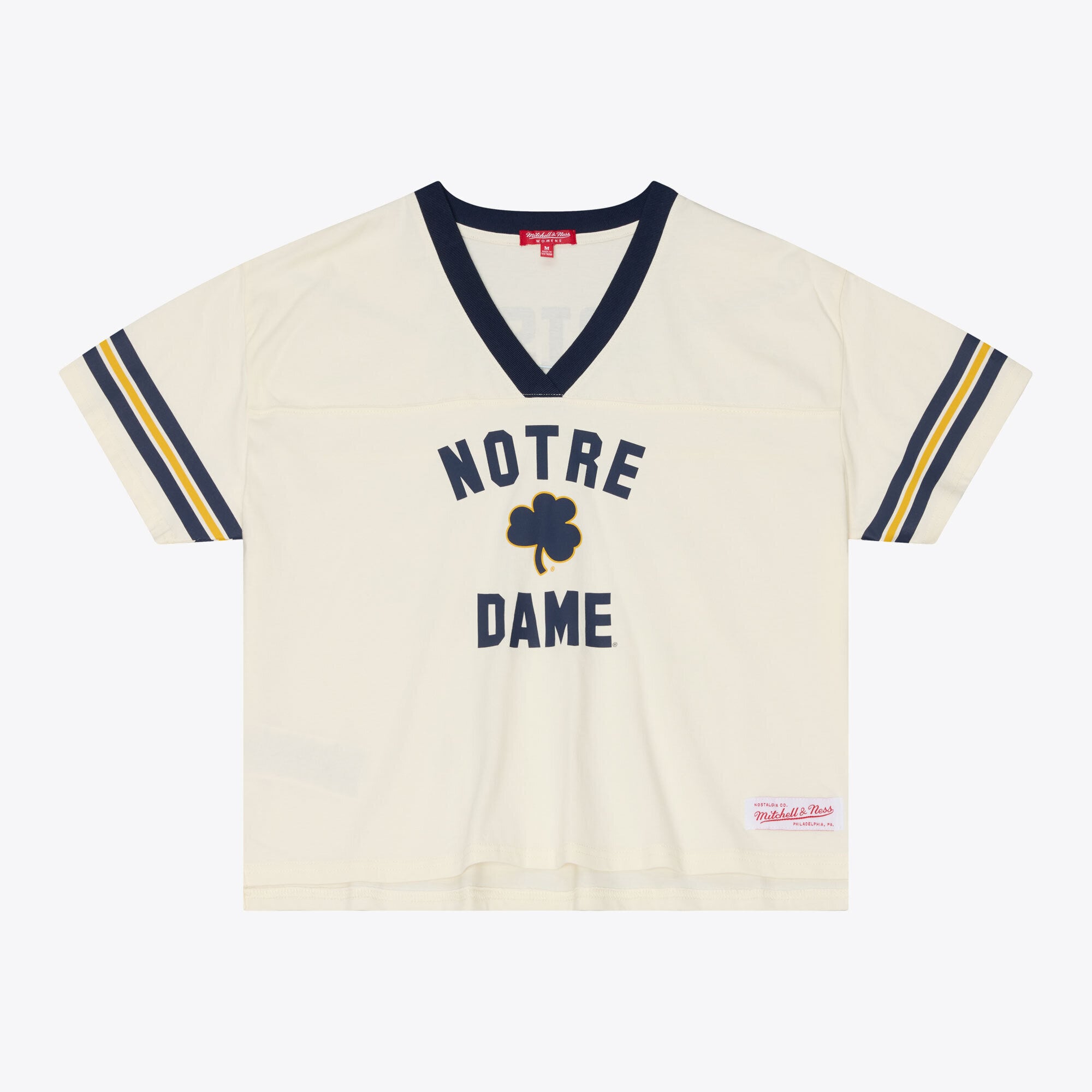 Women's Mitchell & Ness Cream Notre Dame Fighting Irish Retro Roots Crop Boxy Yoke T-Shirt