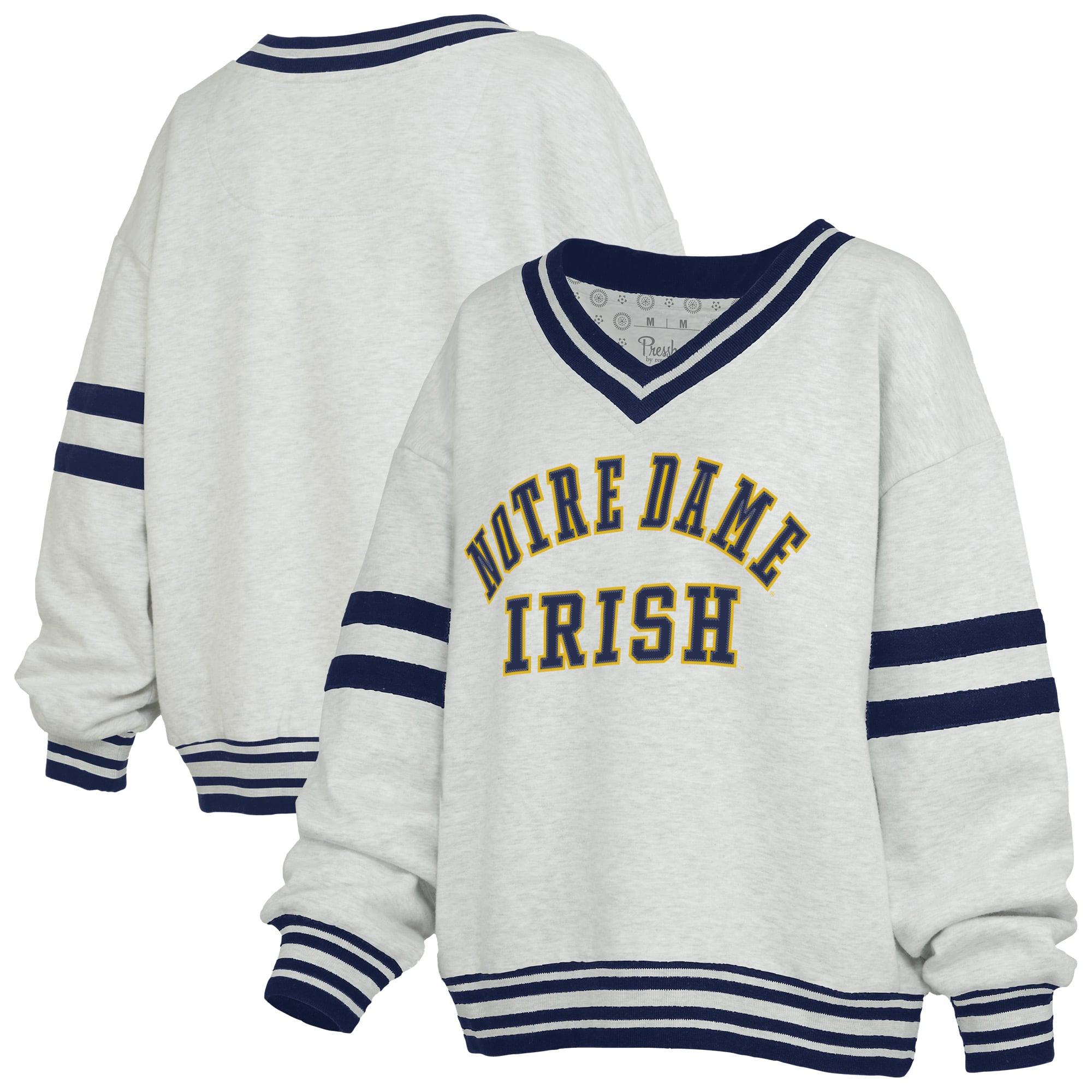 Women's Pressbox Gray/Navy Notre Dame Fighting Irish Tackle Twill Oates V-Neck Sweatshirt