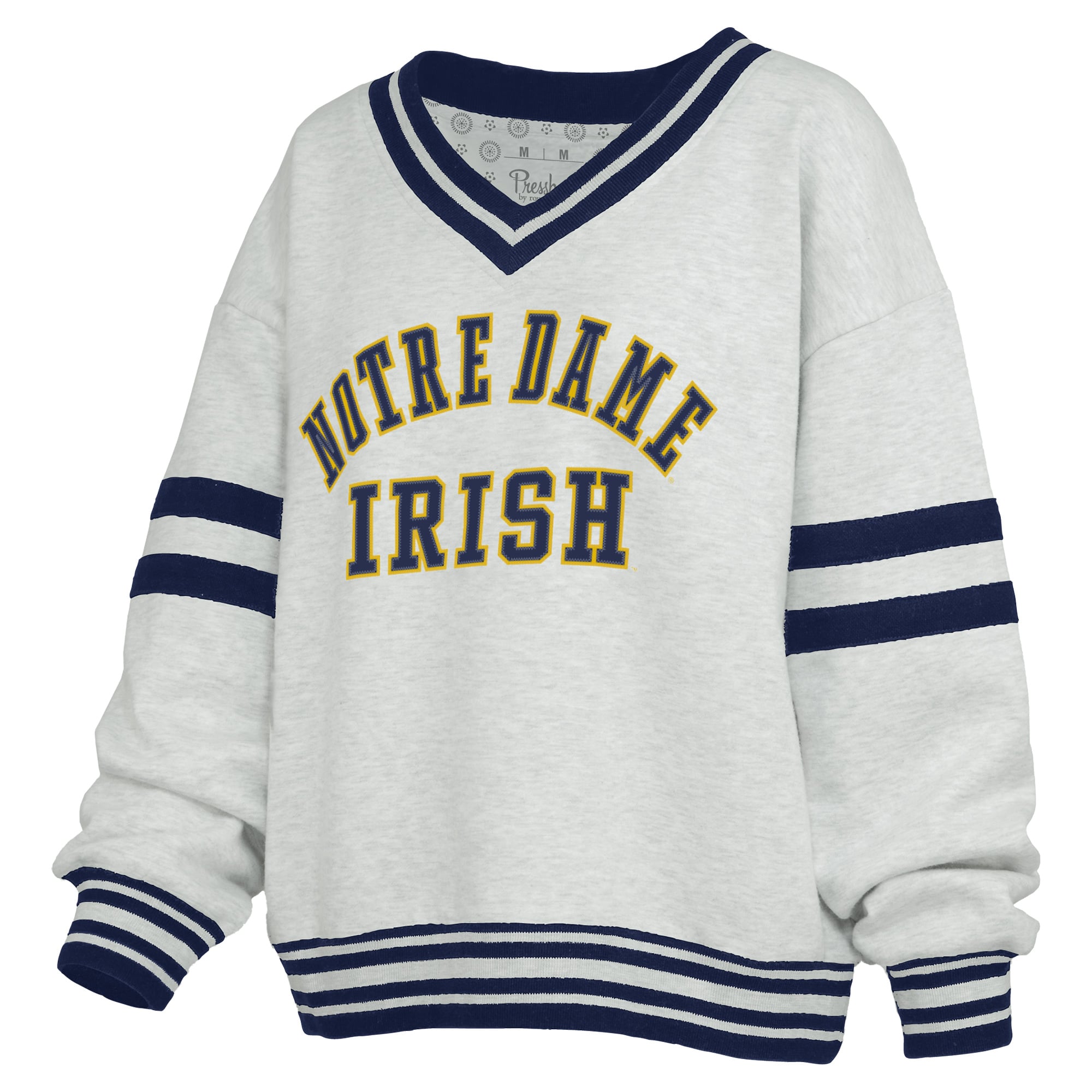 Women's Pressbox Gray/Navy Notre Dame Fighting Irish Tackle Twill Oates V-Neck Sweatshirt