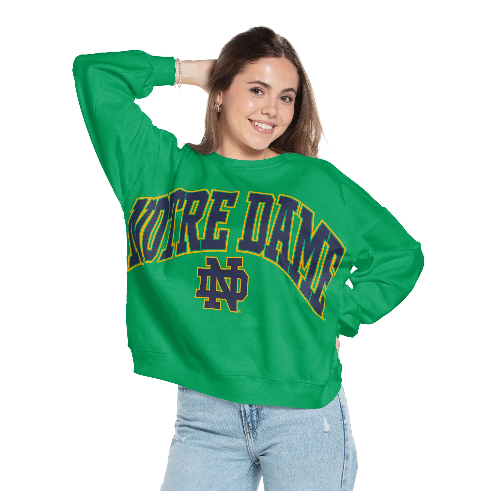 Women's Pressbox Green Notre Dame Fighting Irish Oversized Janice Waist-Length Sweatshirt