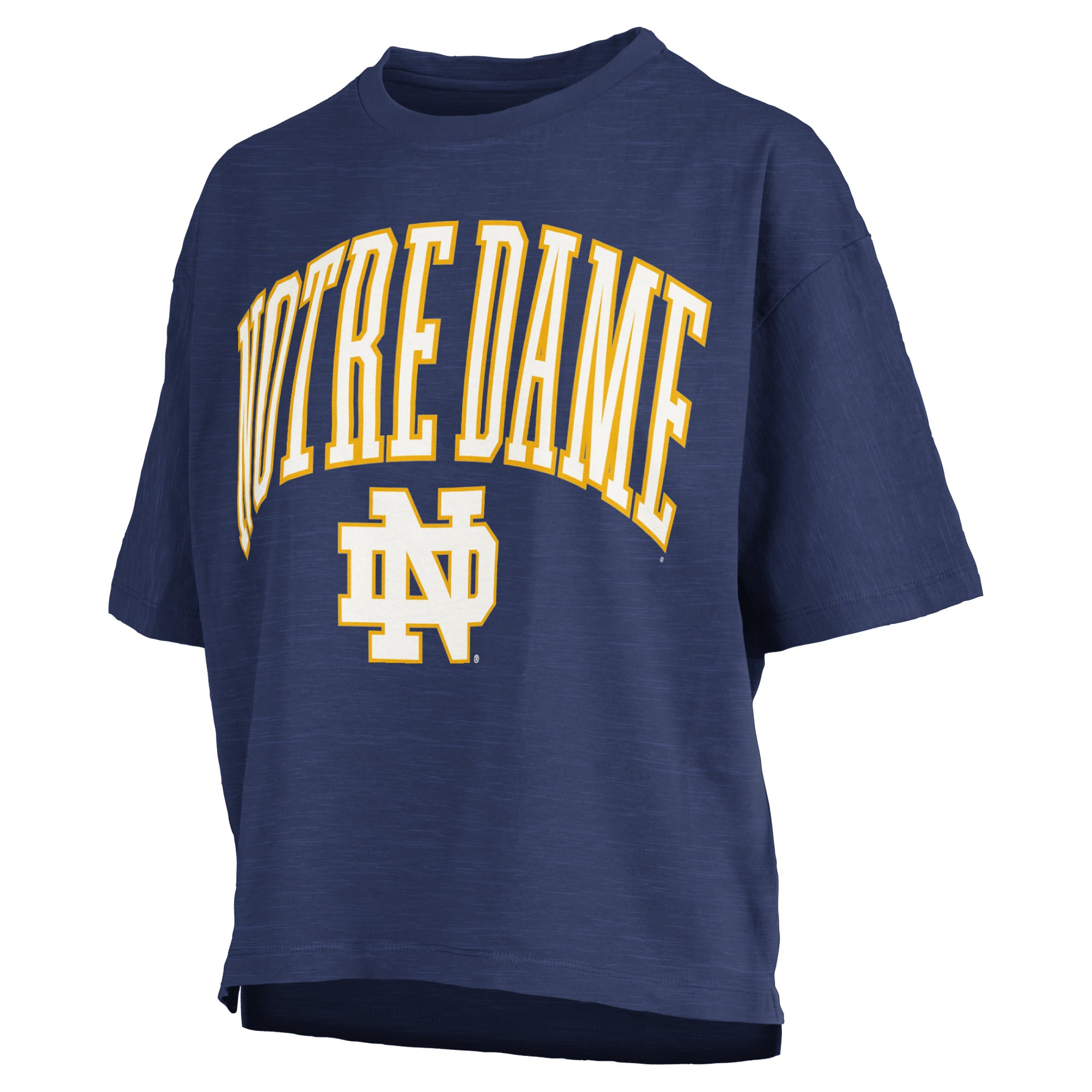 T-shirt oversize Pressbox Navy Notre Dame Fighting Irish pour femme, logo Nelson Arch Over, en tissu flammé.