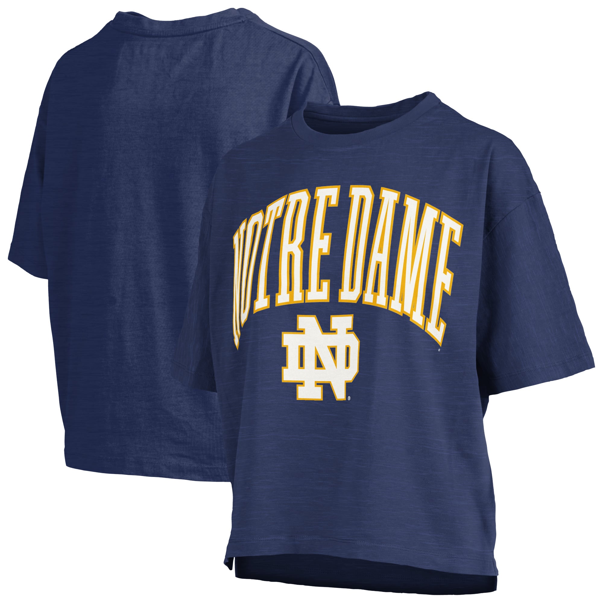 T-shirt oversize Pressbox Navy Notre Dame Fighting Irish pour femme, logo Nelson Arch Over, en tissu flammé.
