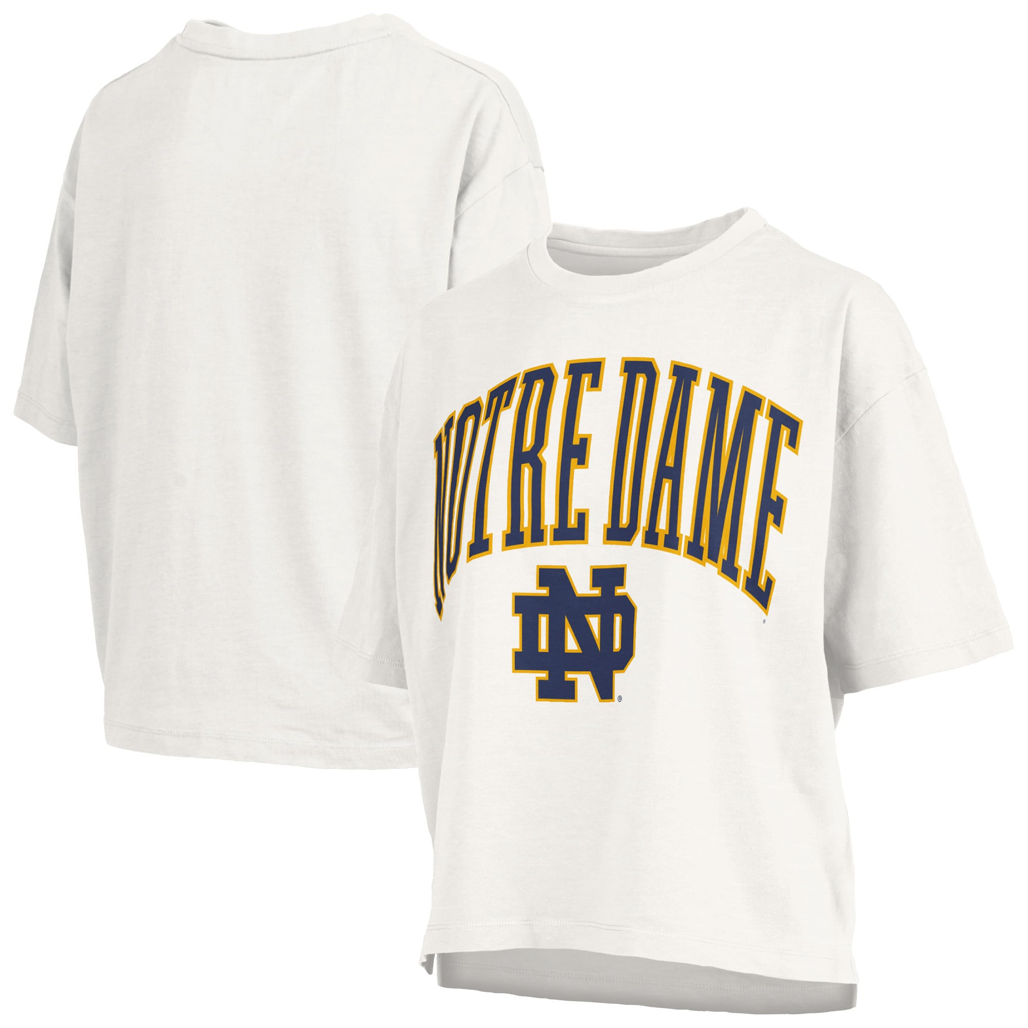 T-shirt oversize blanc Pressbox pour femmes, logo Nelson Arch Over, style Fighting Irish de Notre Dame.