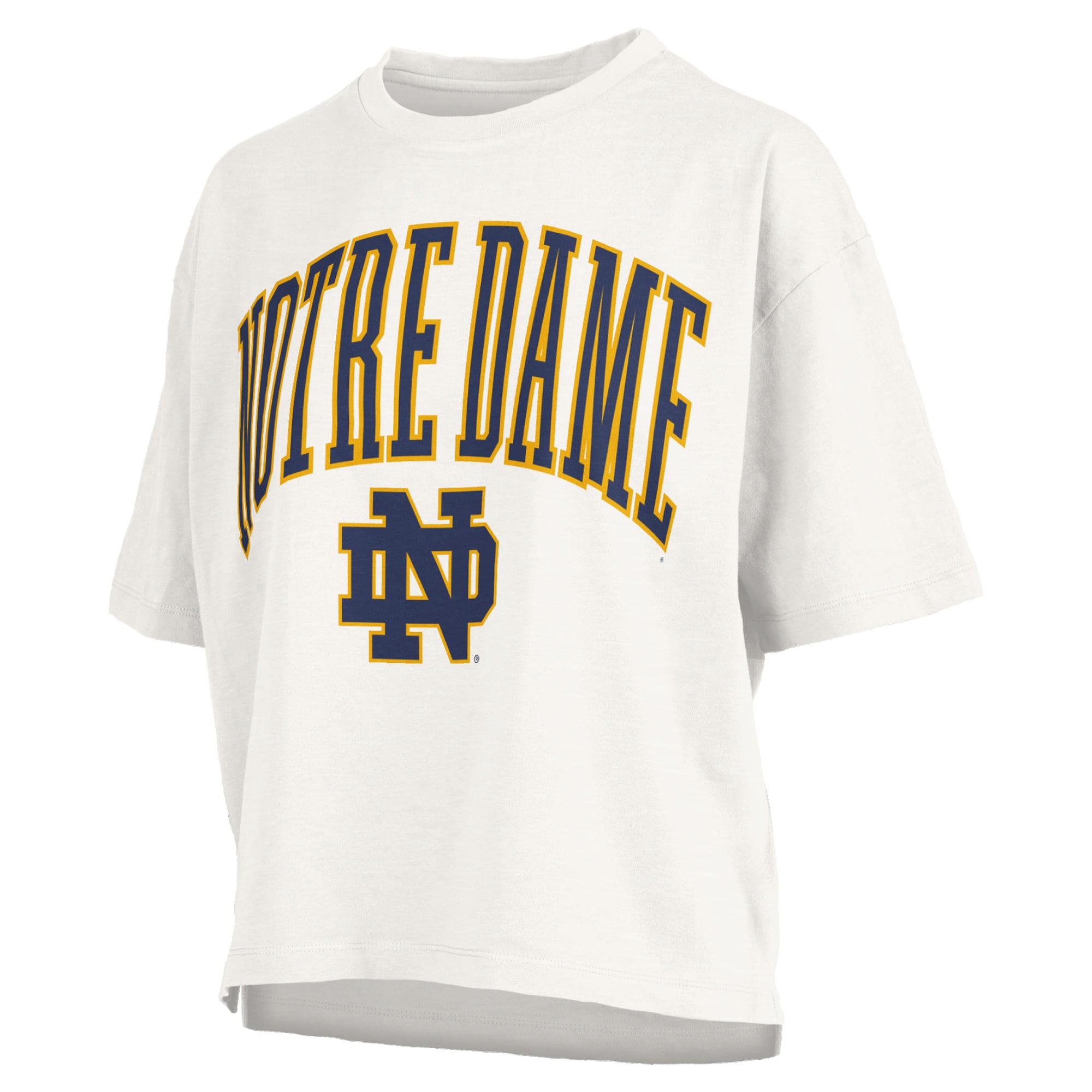 T-shirt oversize blanc Pressbox pour femmes, logo Nelson Arch Over, style Fighting Irish de Notre Dame.