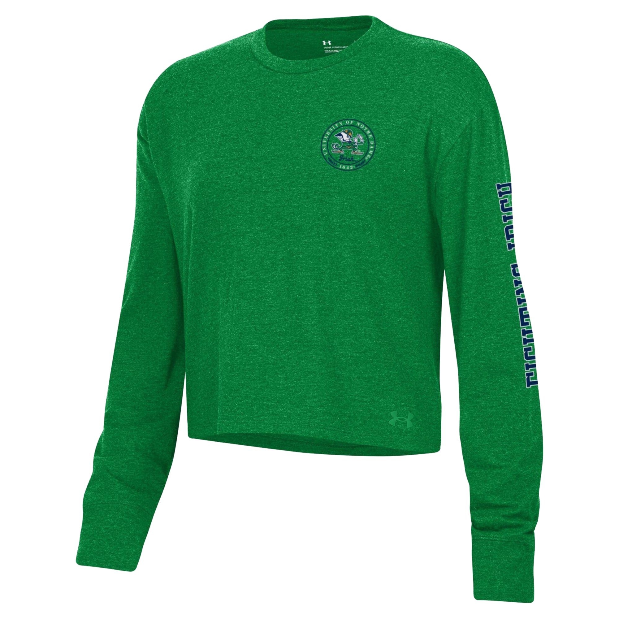 T-shirt court à manches longues Under Armour blanc Notre Dame Fighting Irish Icon Sleeve Two-Hit pour femme, en mélange de trois matières.