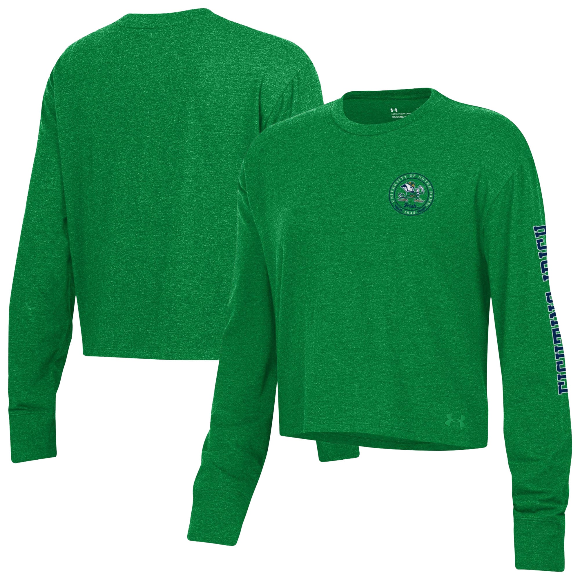 T-shirt court à manches longues Under Armour blanc Notre Dame Fighting Irish Icon Sleeve Two-Hit pour femme, en mélange de trois matières.