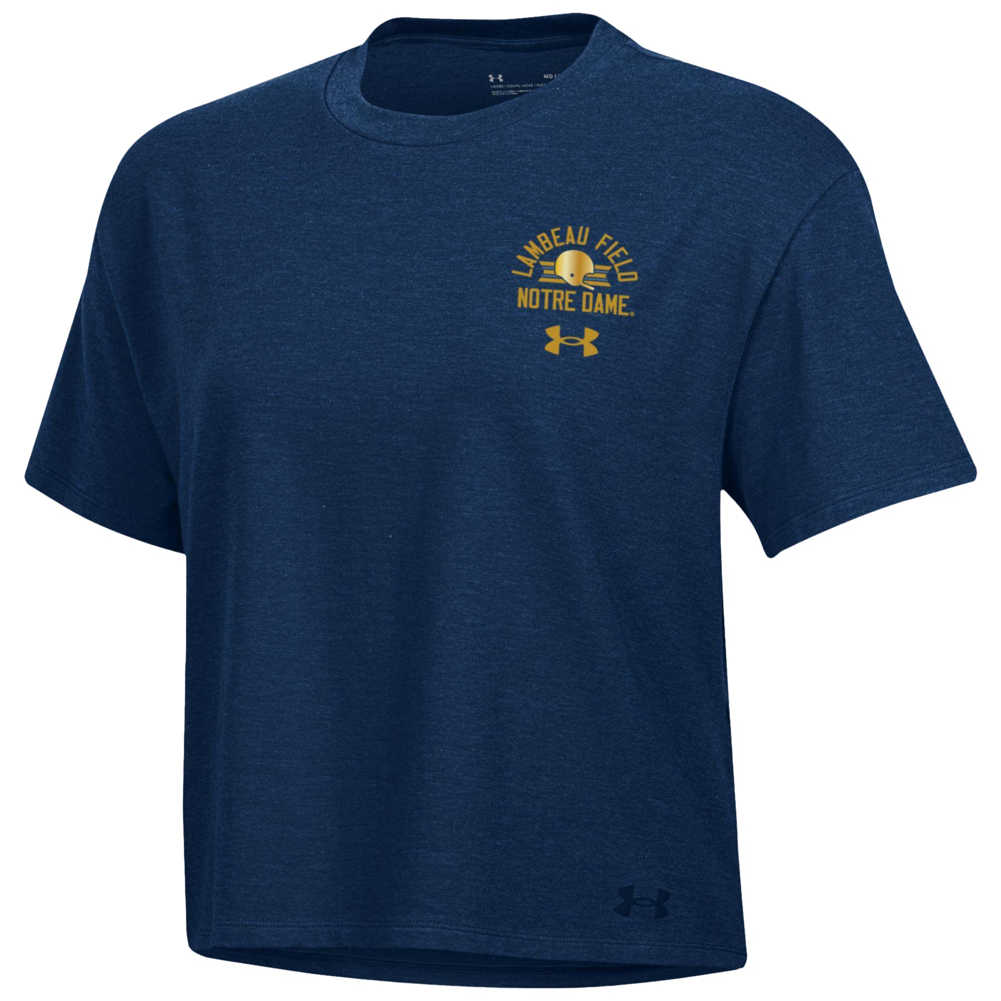 T-shirt court Under Armour pour femme, bleu marine, Notre Dame Fighting Irish 2026 Shamrock Series Essentials Icon, ultra-doux, en mélange de trois matières, coupe carrée.