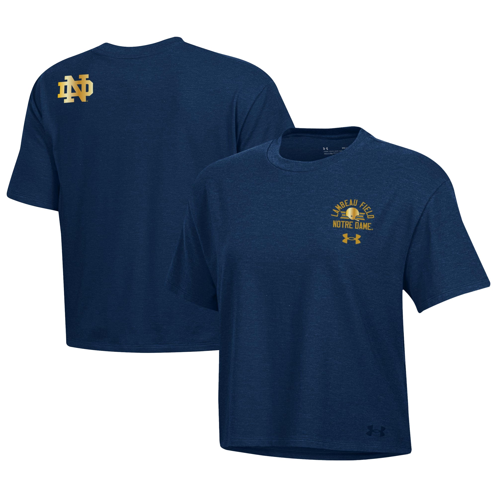 T-shirt court Under Armour pour femme, bleu marine, Notre Dame Fighting Irish 2026 Shamrock Series Essentials Icon, ultra-doux, en mélange de trois matières, coupe carrée.