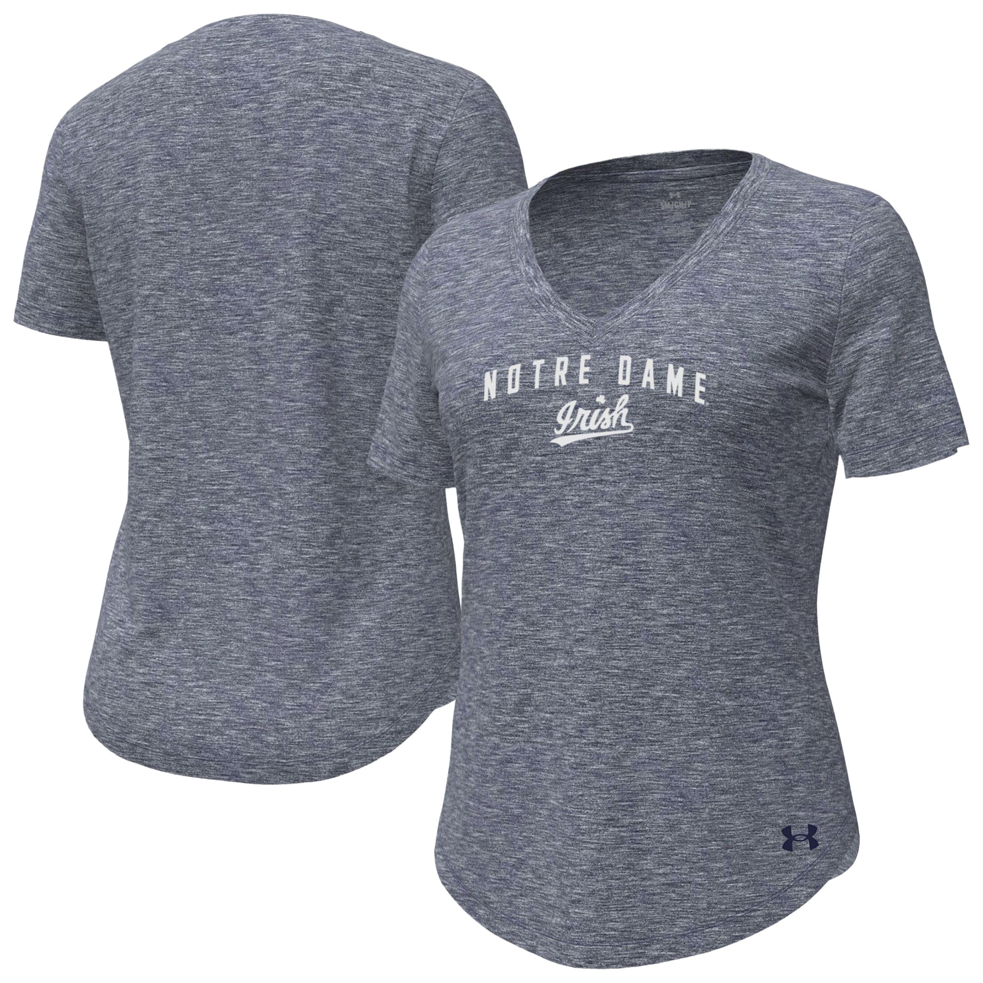 T-shirt Under Armour pour femme, bleu marine, motif Fighting Irish de Notre Dame, style décontracté, col en V, mélange trois matières.