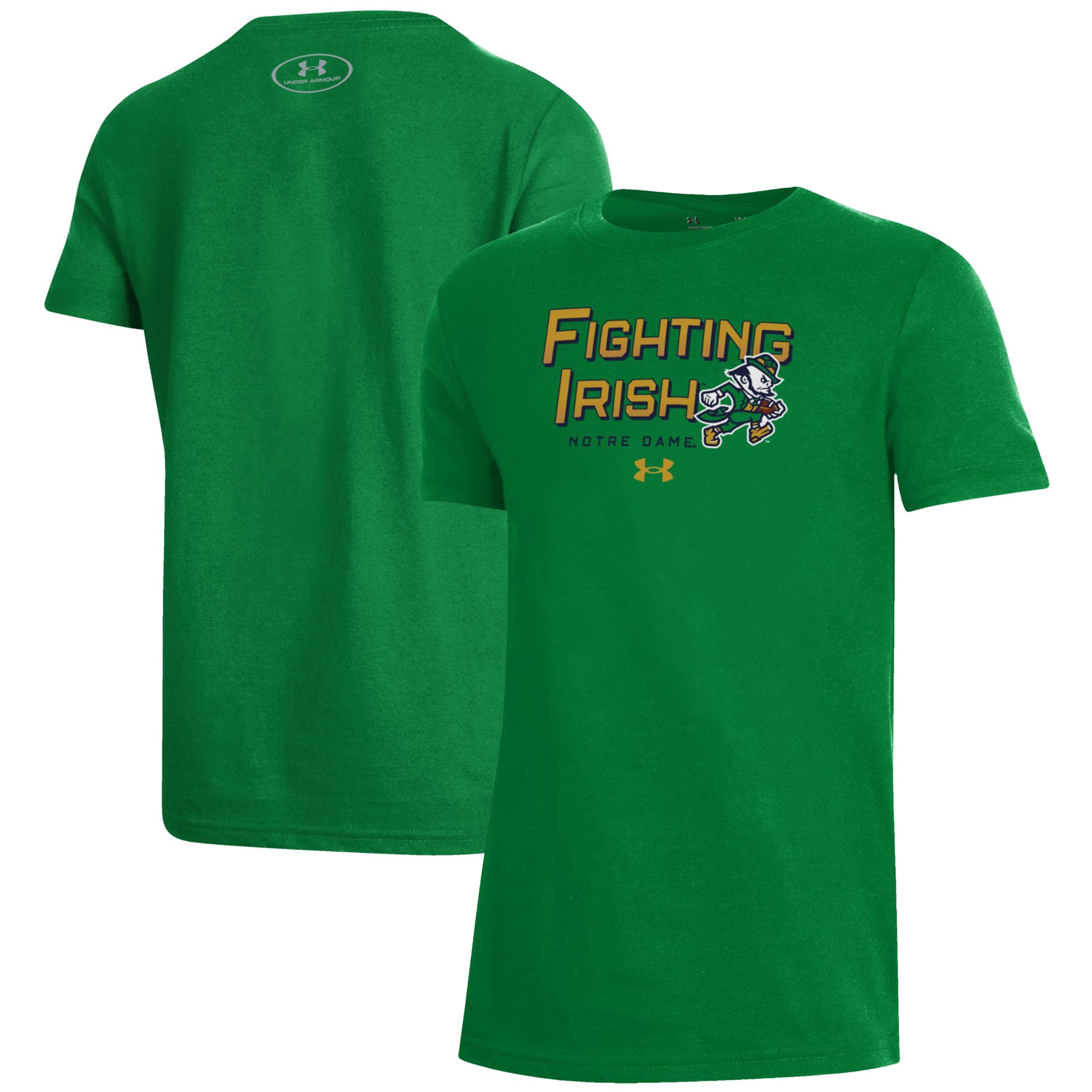T-shirt de performance vert Kelly Under Armour pour jeunes, Notre Dame Fighting Irish, Irish Wear.