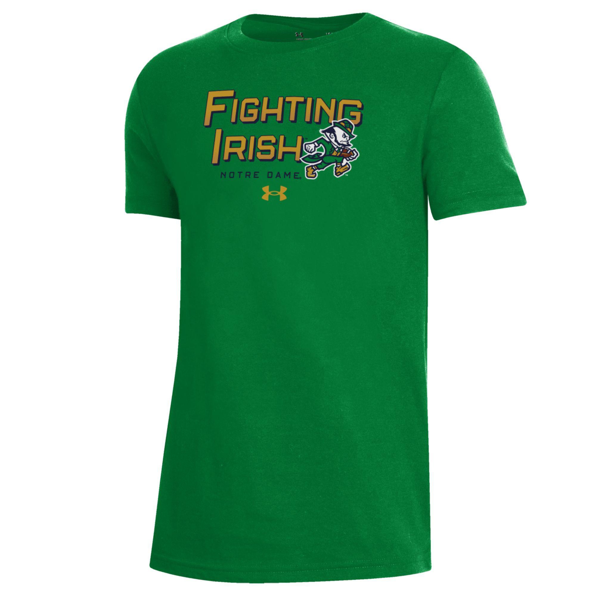 T-shirt de performance vert Kelly Under Armour pour jeunes, Notre Dame Fighting Irish, Irish Wear.