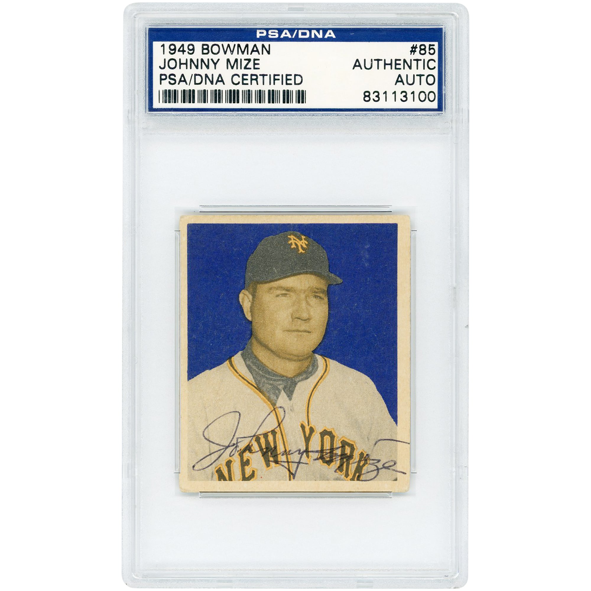 Carte authentifiée par PSA, signée par Johnny Mize (NY Giants), Bowman n° 85, datant de 1949.