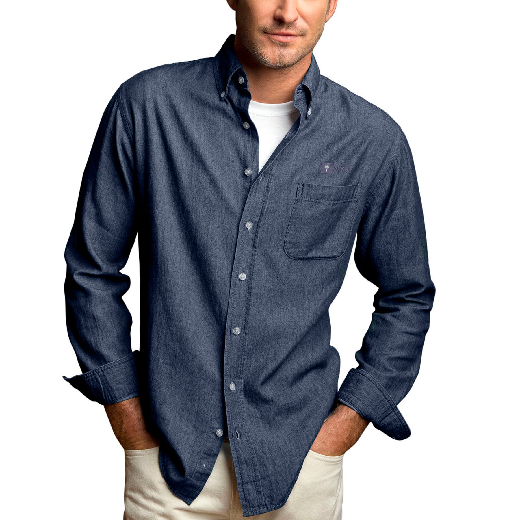 Men's Blue NYU Violets Hudson Denim Long Sleeve Button-Down Shirt