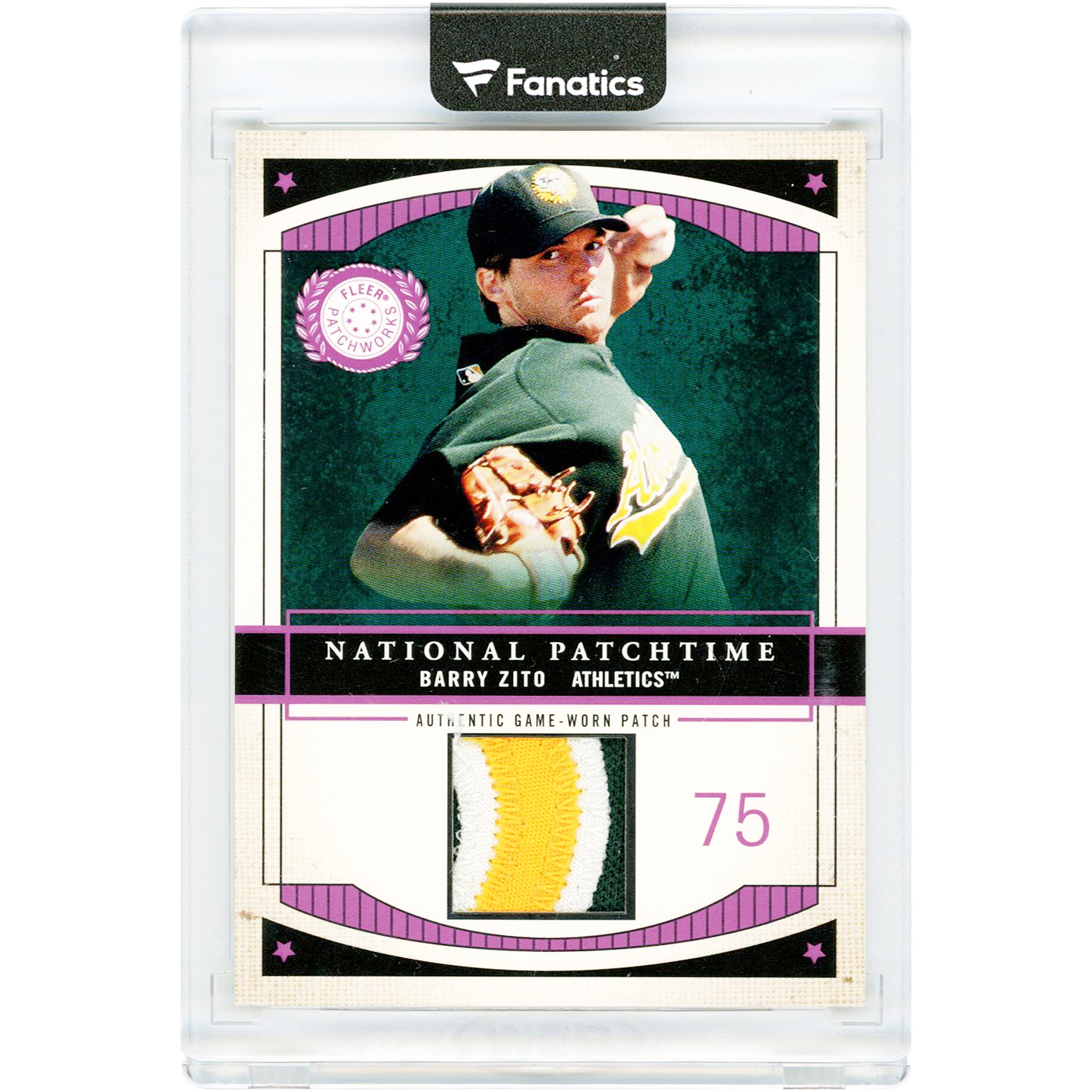Carte relique de maillot tricolore porté par Barry Zito, Oakland Athletics, 2003 Fleer Patchwork National Patchtime Games #NPT-BZ2 #56/300
