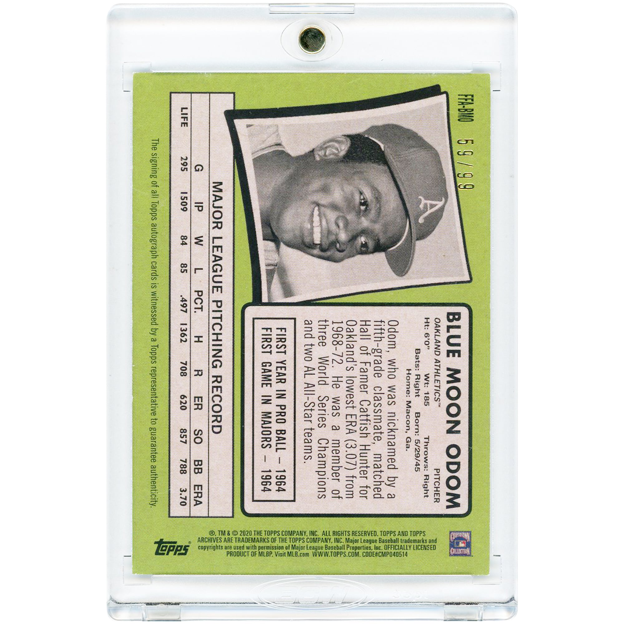 Blue Moon Odom Oakland Athletics Autographed 2020 Topps Archives Silver Fan Favorite #FFA-BMO #59/99 Card