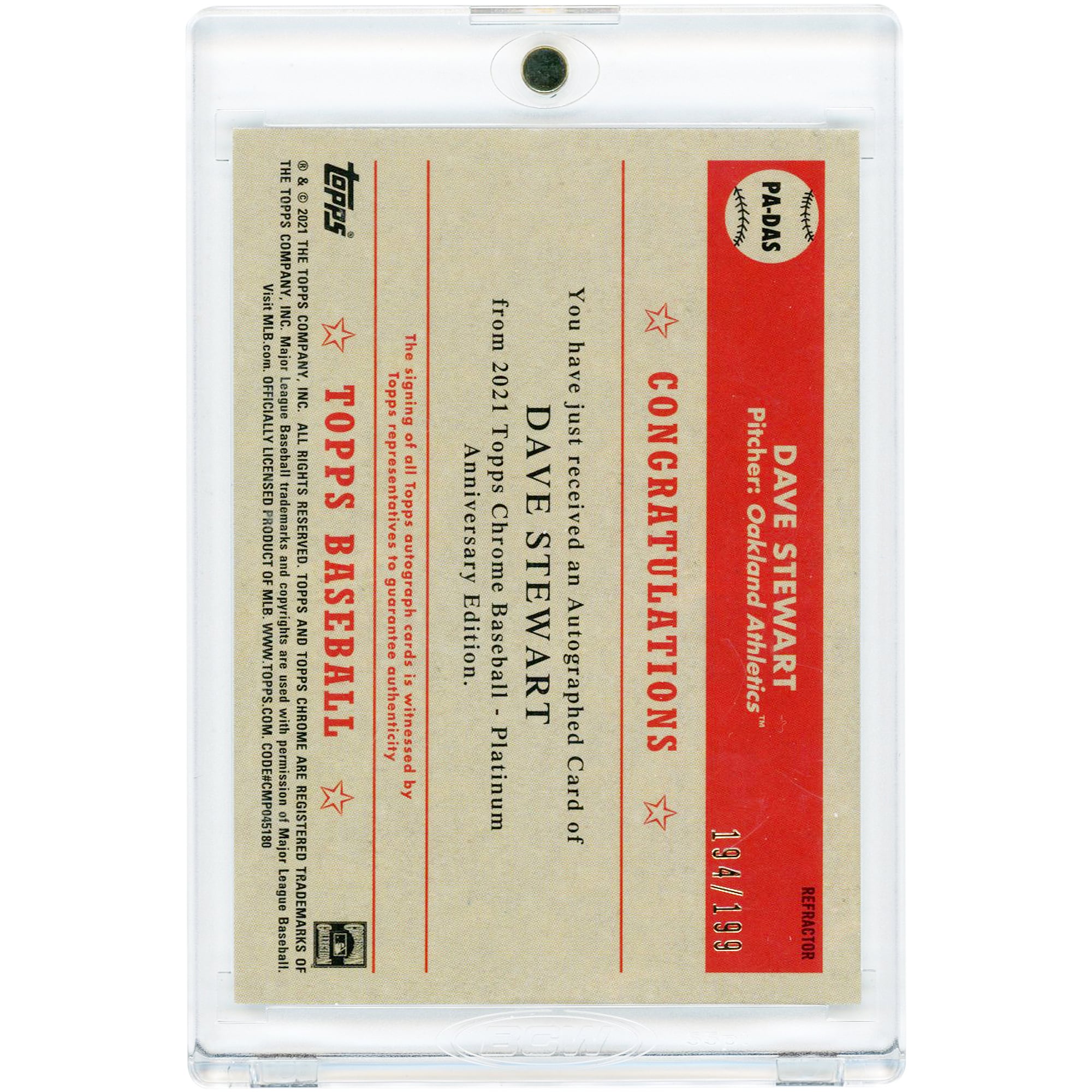 Carte autographiée Dave Stewart des Athletics d'Oakland, édition anniversaire Topps Chrome Platinum 2021, réfracteur #PA-DAS #194/199