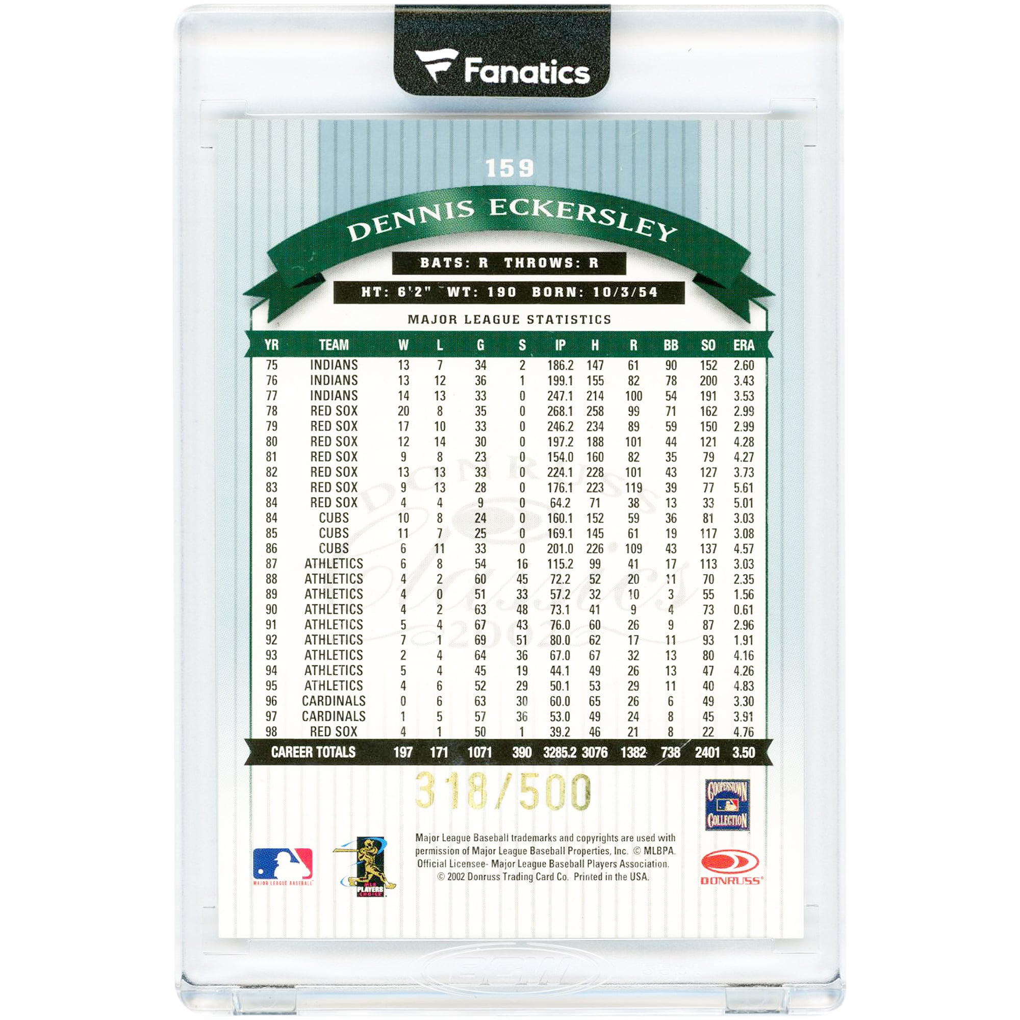 Carte autographiée de Dennis Eckersley (Oakland Athletics), collection Donruss Classics 2002, signatures importantes, n° 159, n° 318/500