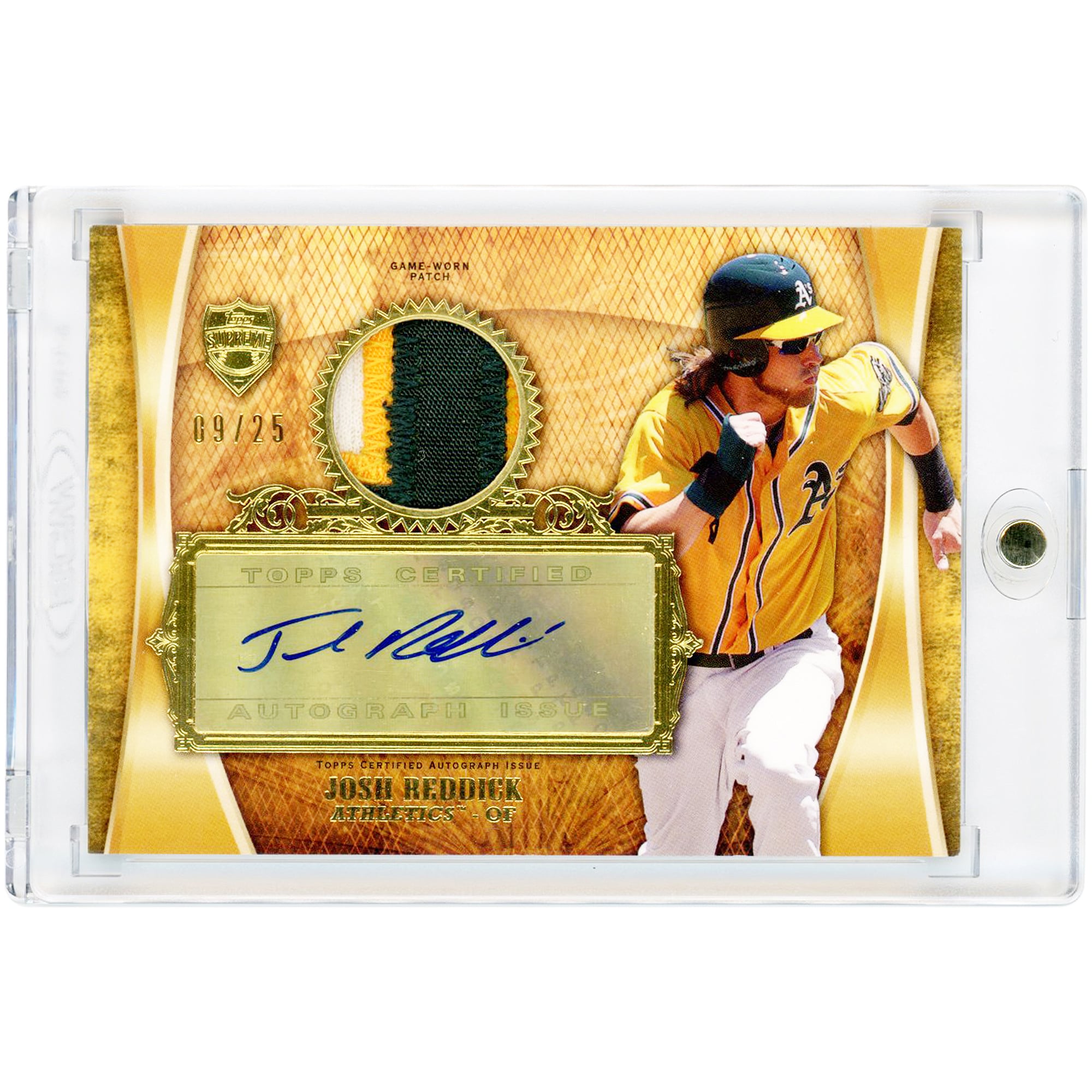 Josh Reddick Oakland Athletics Autographed 2013 Topps Supreme Autograph Patch Game Used Tri-Color Jersey Relic #APR-JRE #9/25 Card
