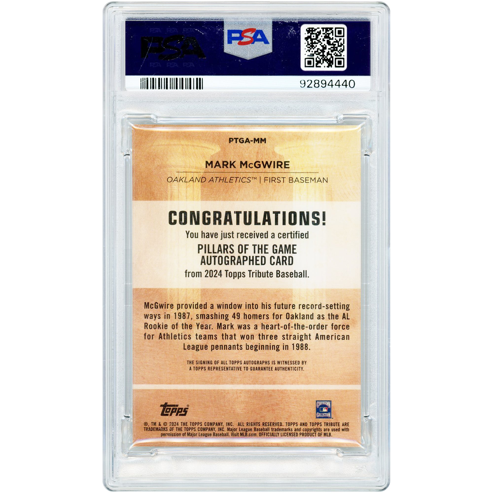 Carte autographiée de Mark McGwire (Oakland Athletics) - Topps Tribute Pillars Of The Game 2024, orange réfractaire #PTGA-MM #2/25, authentifiée PSA 10