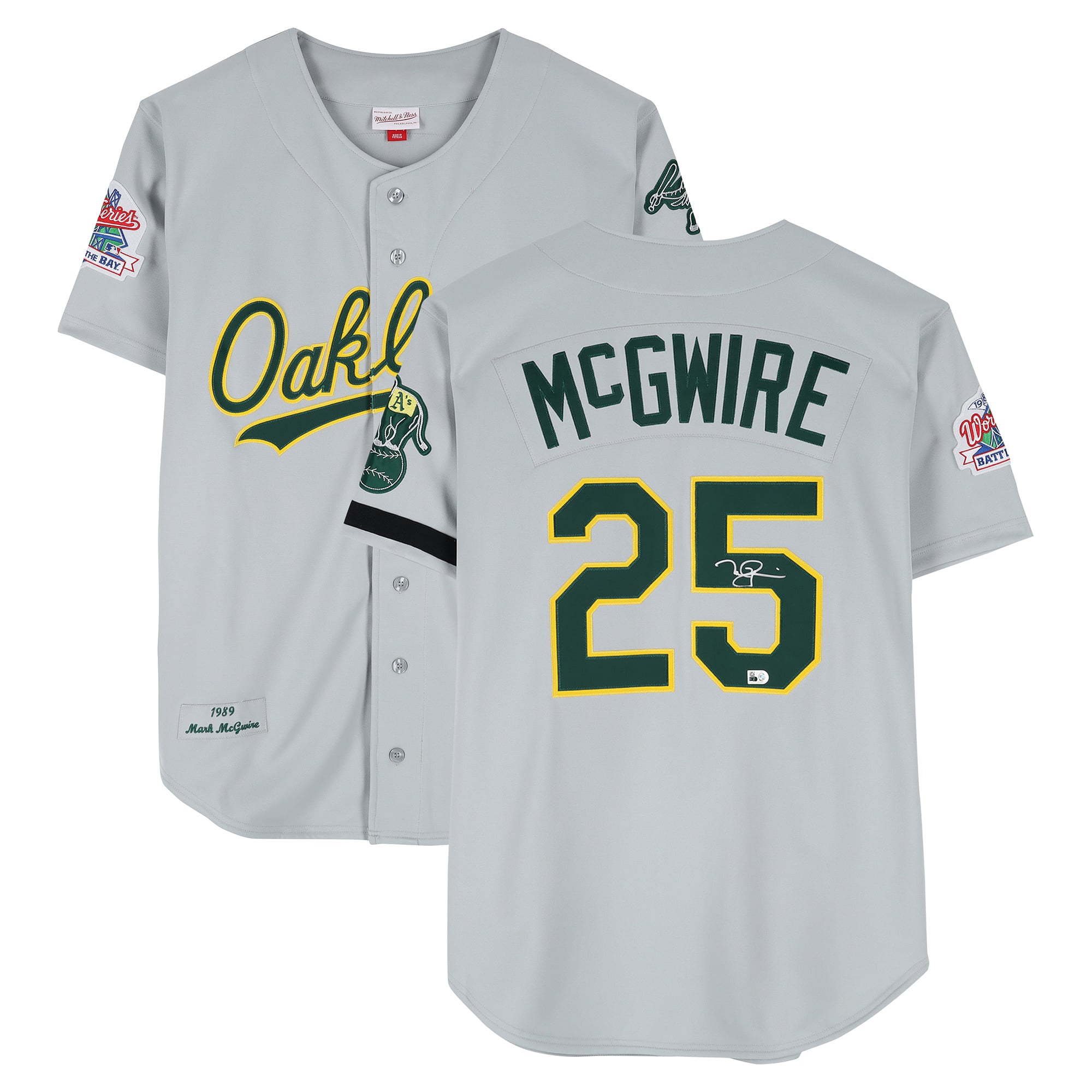 Maillot authentique Mitchell & Ness gris autographié par Mark McGwire des Athletics d'Oakland, Série mondiale 1989