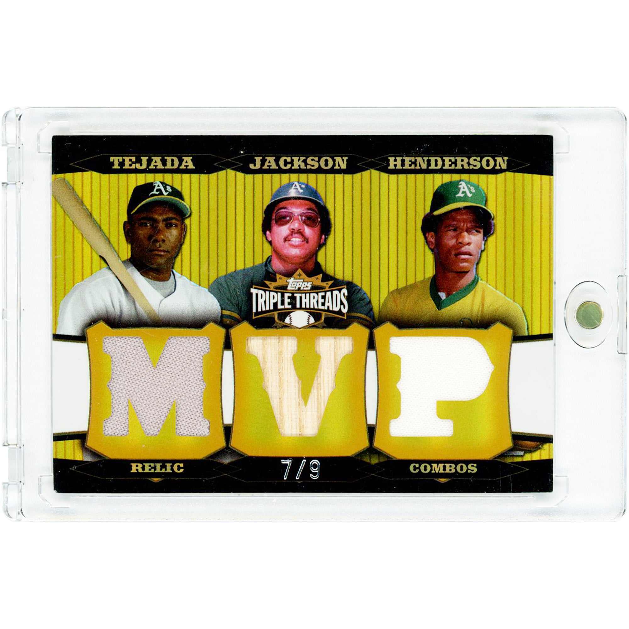Miguel Tejada, Reggie Jackson et Rickey Henderson, Oakland Athletics, carte Topps Triple Threads 2006, reliques de batte et de maillot bicolore utilisés en match #TTRC-196 #7/9