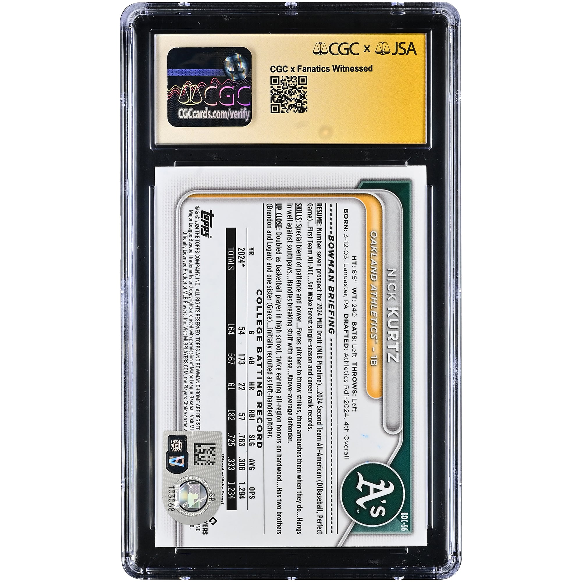 Nick Kurtz Oakland Athletics Autographed 2024 Bowman Draft Chrome #BDC-56 CGC Fanatics Witnessed Authenticated 10/10 Card