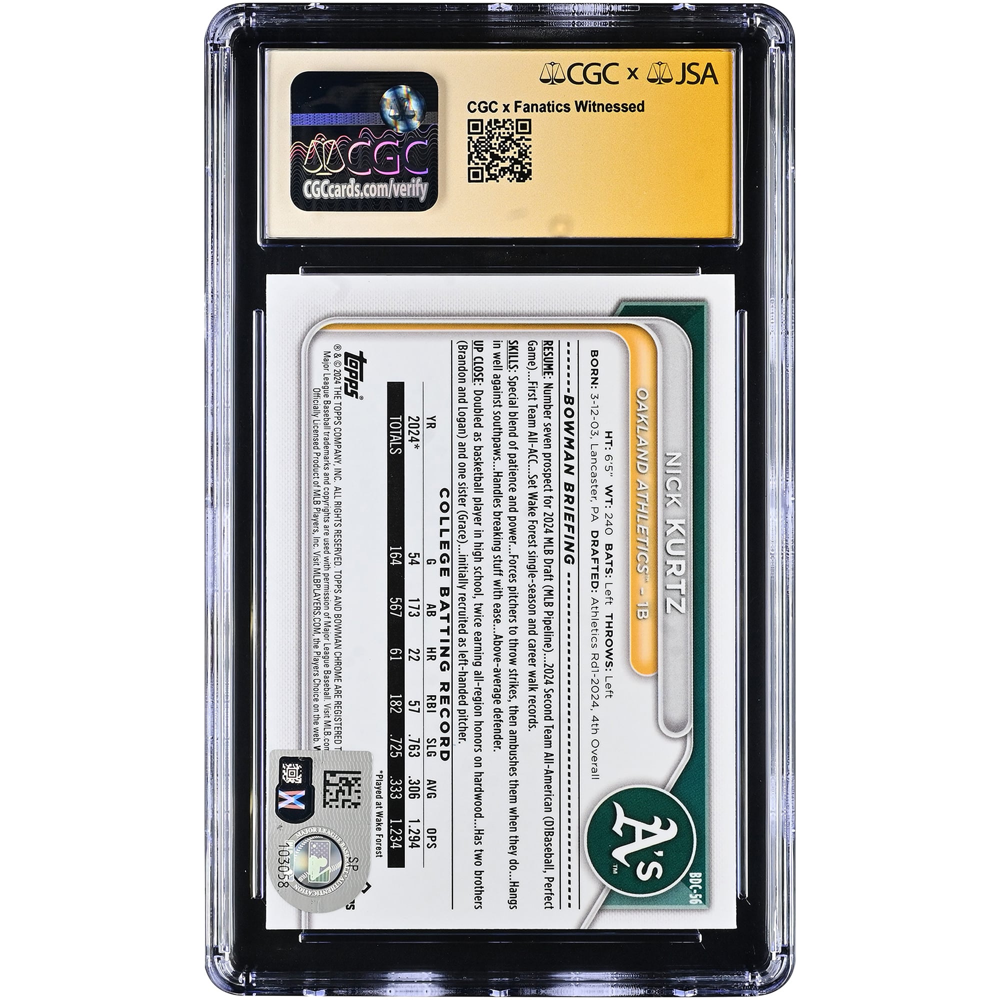 Carte autographiée de Nick Kurtz (Oakland Athletics) - Bowman Draft Chrome 2024 #BDC-56 - Authentifiée par Fanatics Witnessed (CGC, 9/10)