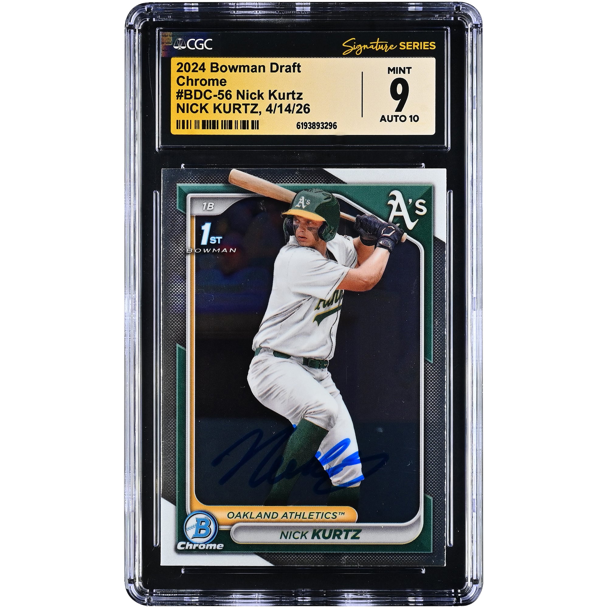 Carte autographiée de Nick Kurtz (Oakland Athletics) - Bowman Draft Chrome 2024 #BDC-56 - Authentifiée par Fanatics Witnessed (CGC, 9/10)