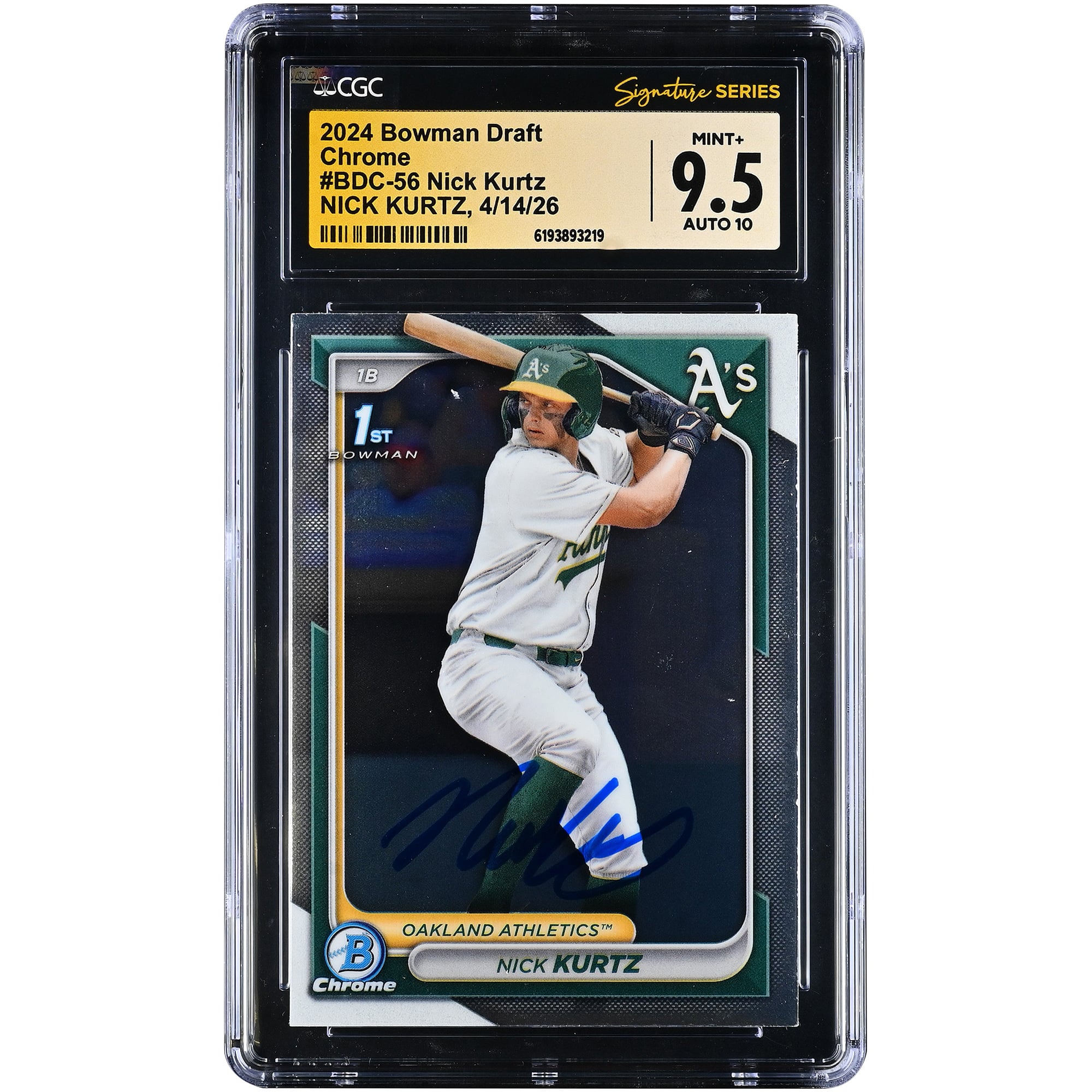 Carte autographiée de Nick Kurtz (Oakland Athletics) - Bowman Draft Chrome 2024 #BDC-56 - Authentifiée par Fanatics Witnessed (CGC) - Note : 9,5/10
