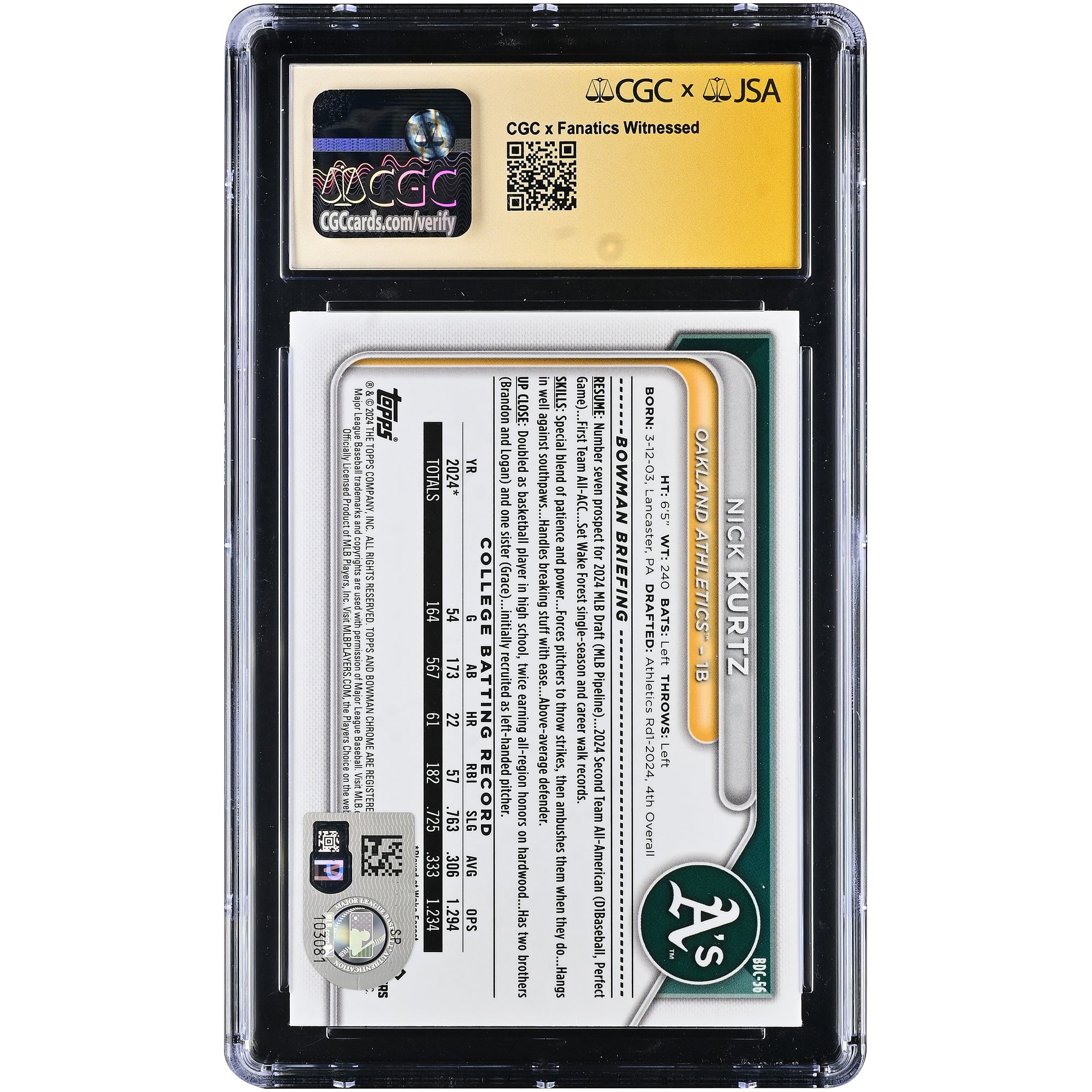 Carte autographiée de Nick Kurtz (Oakland Athletics) - Bowman Draft Chrome 2024 #BDC-56 - Authentifiée par Fanatics Witnessed (CGC) - Note : 9,5/10