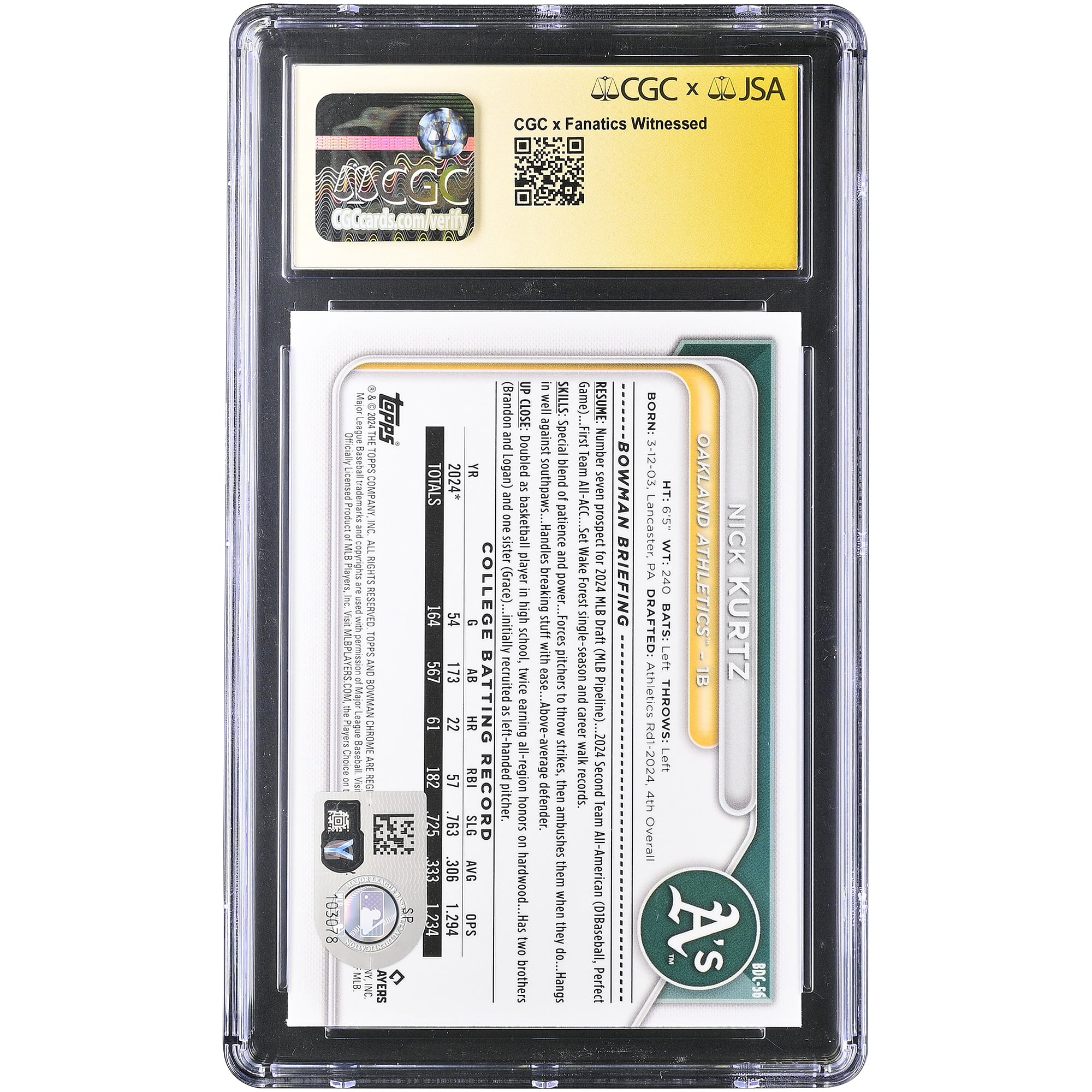 Nick Kurtz Oakland Athletics Autographed 2024 Bowman Draft Chrome #BDC-56 CGC Fanatics Witnessed Authenticated AUTO 10 Card