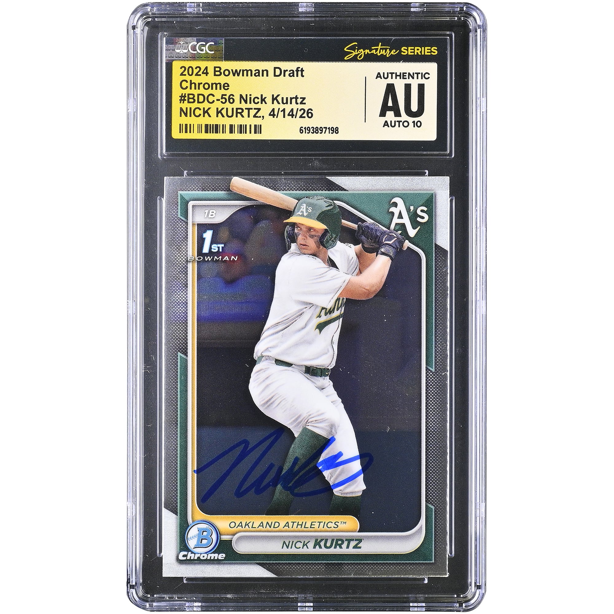 Nick Kurtz Oakland Athletics Autographed 2024 Bowman Draft Chrome #BDC-56 CGC Fanatics Witnessed Authenticated AUTO 10 Card