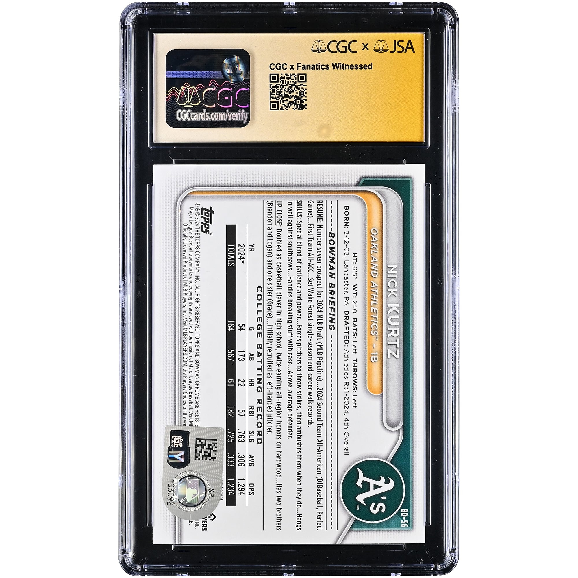 Nick Kurtz Oakland Athletics Autographed 2024 Bowman Draft #BD-56 CGC Fanatics Witnessed Authenticated 10/10 Card