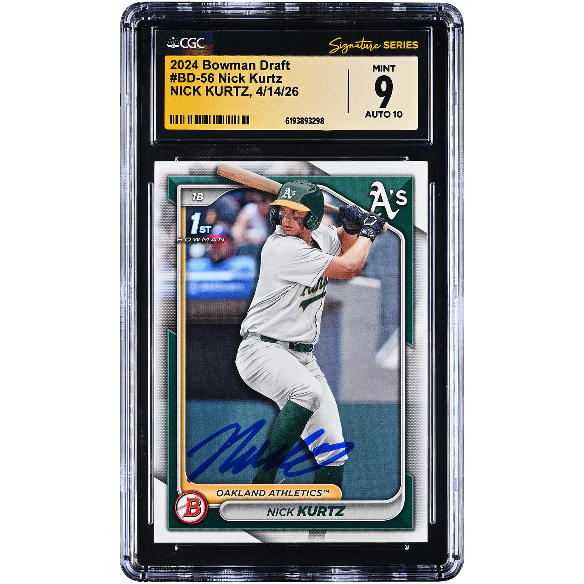 Carte autographiée de Nick Kurtz (Oakland Athletics), repêchage Bowman 2024, n° BD-56, authentifiée par Fanatics Witnessed (CGC, état 9/10).