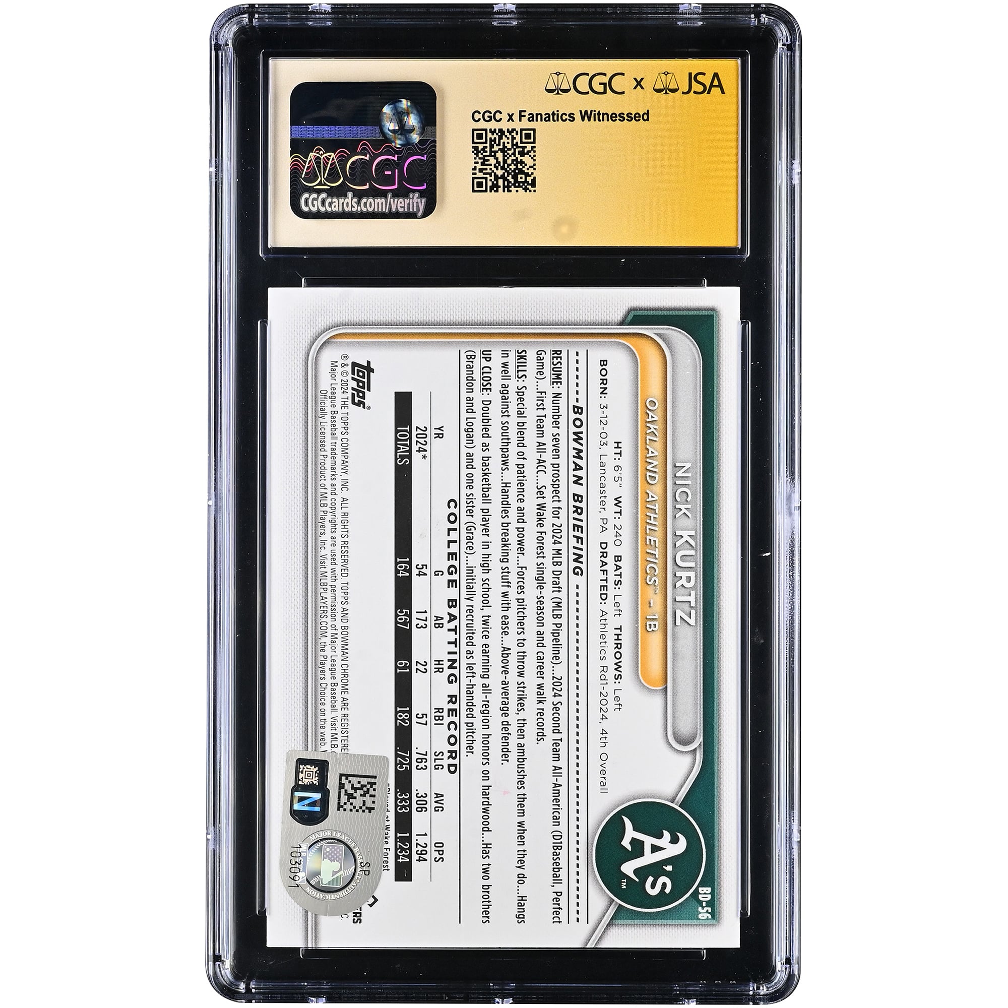 Carte autographiée de Nick Kurtz (Oakland Athletics), repêchage Bowman 2024, n° BD-56, authentifiée par Fanatics Witnessed (CGC), état 9,5/10.