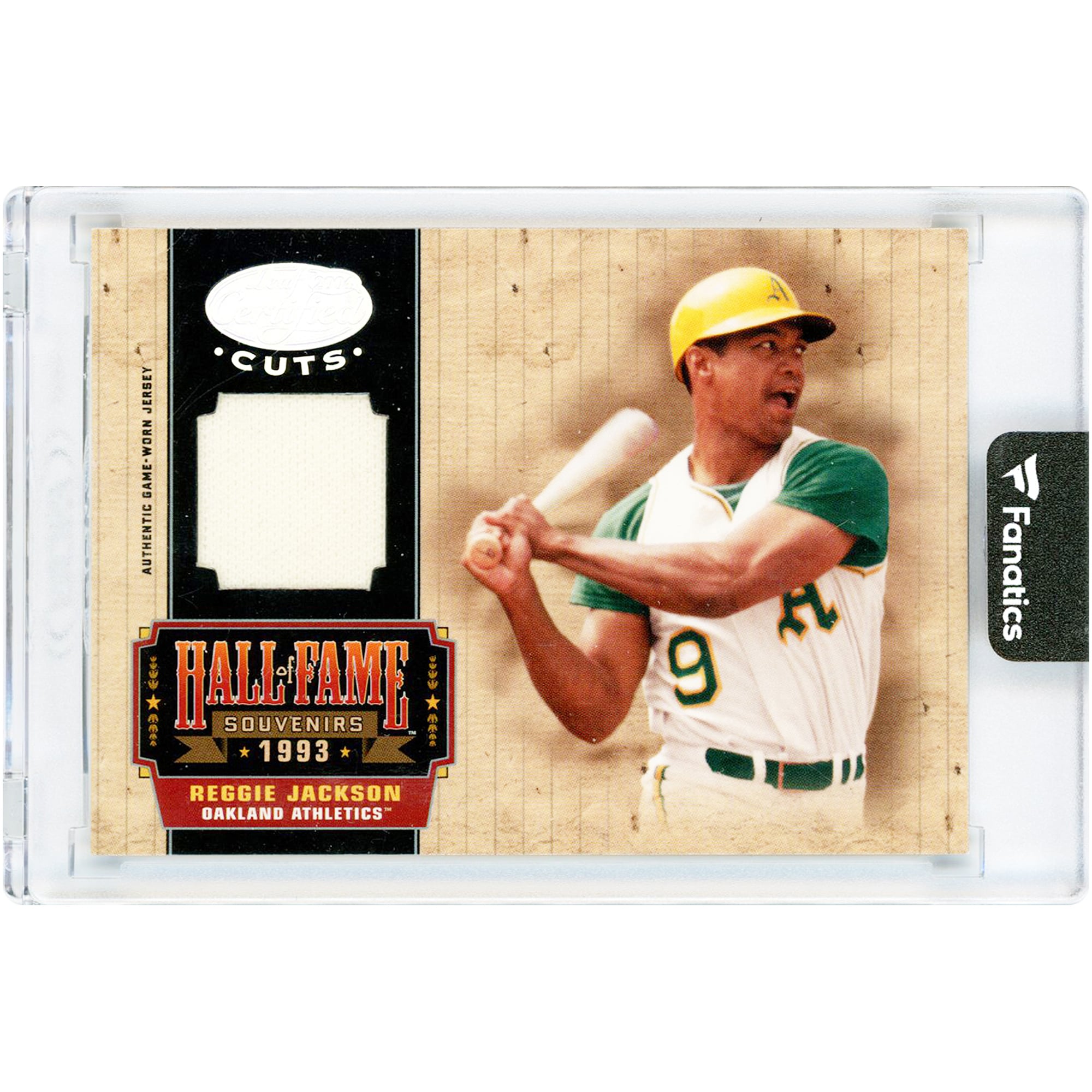 Reggie Jackson Oakland Athletics 2004 Donruss Leaf Certified Cuts Hall Of Fame Souvenirs Game Used Jersey Relic #HOF-11 #1/25 Card
