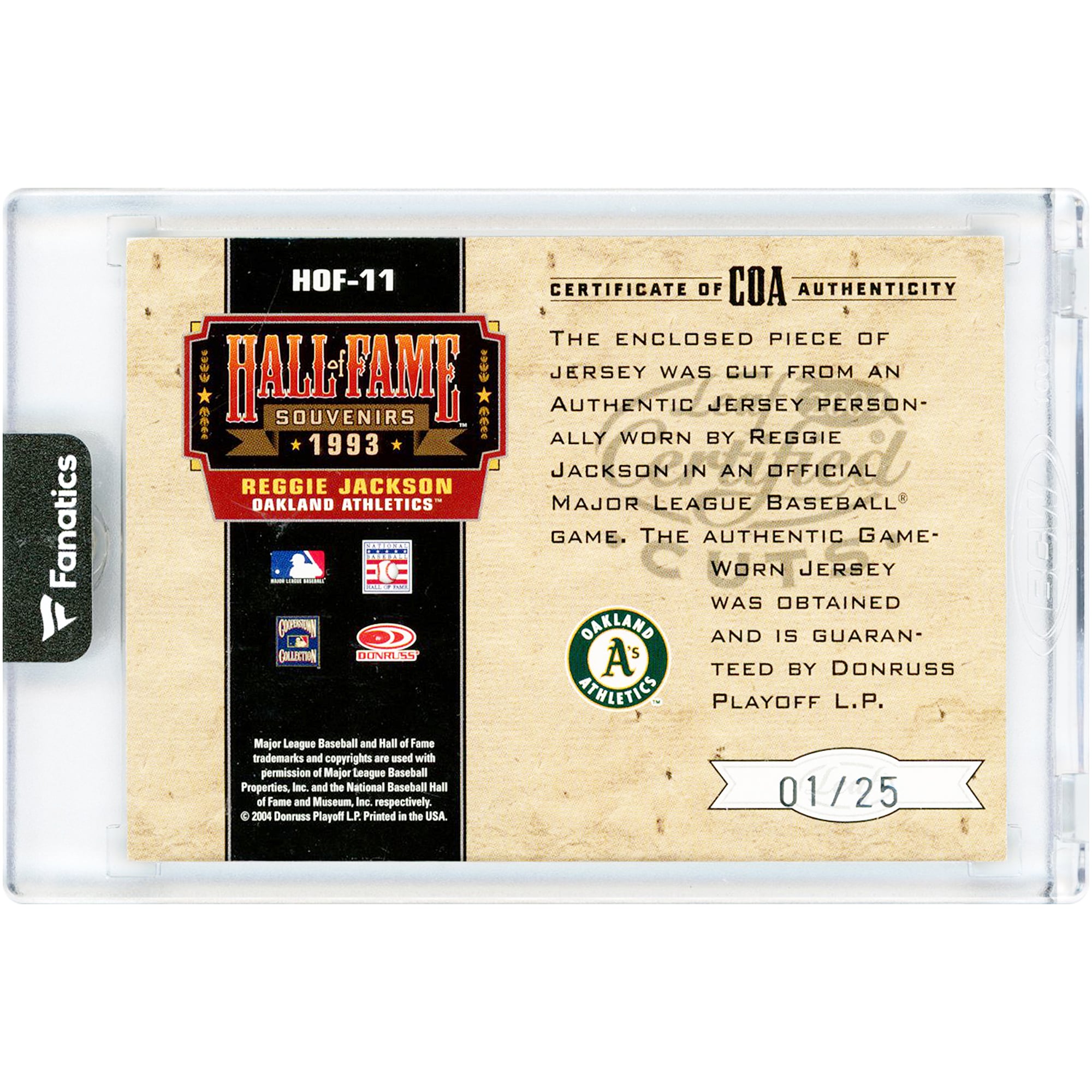 Reggie Jackson Oakland Athletics 2004 Donruss Leaf Certified Cuts Hall Of Fame Souvenirs Game Used Jersey Relic #HOF-11 #1/25 Card