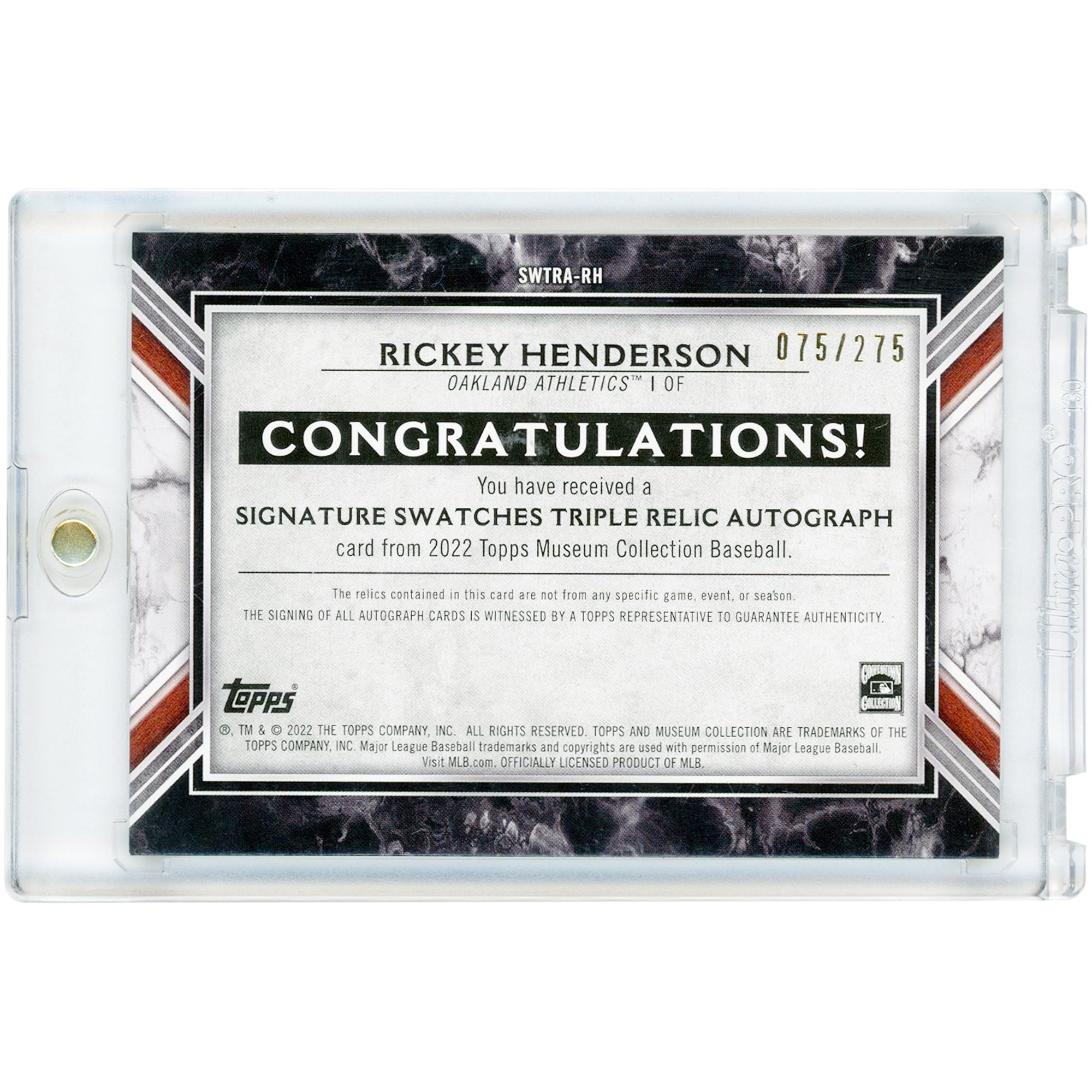Rickey Henderson Oakland Athletics Autographed 2022 Topps Museum Collection Triple Game Used Relics #SWTRA-RH #75/275 Card