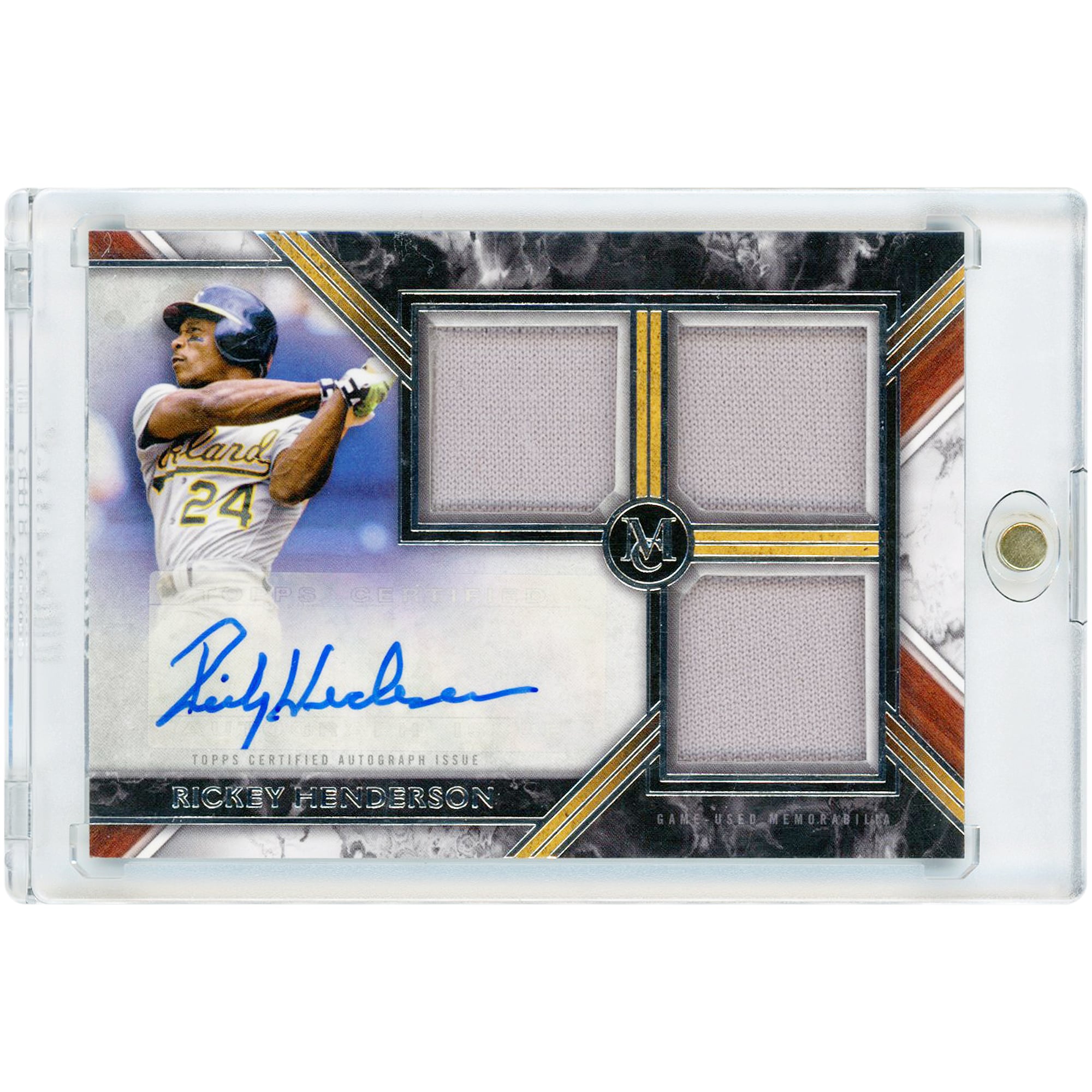 Rickey Henderson Oakland Athletics Autographed 2022 Topps Museum Collection Triple Game Used Relics #SWTRA-RH #75/275 Card
